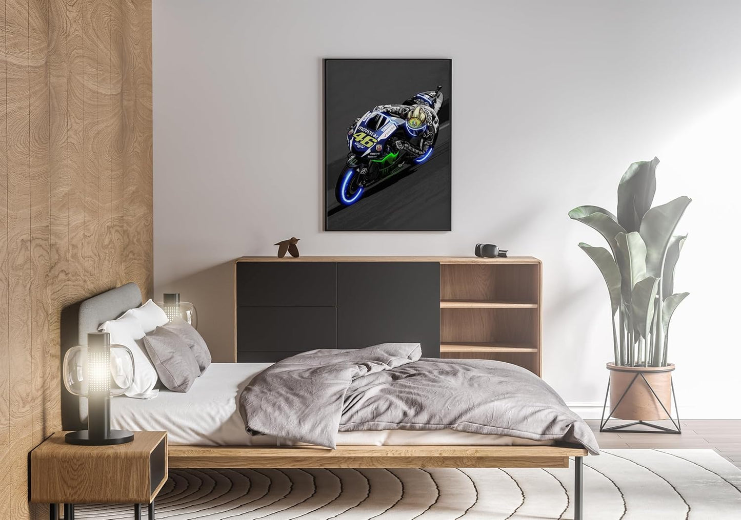 Sorventina Neon-Style Blue #46 YZR-M1 GP Bikes Canvas Wall Art - 16x24 Wrapped Frame, Non-LED, Ideal Home Decor for Bedroom Living Room Office Garage or Man Cave