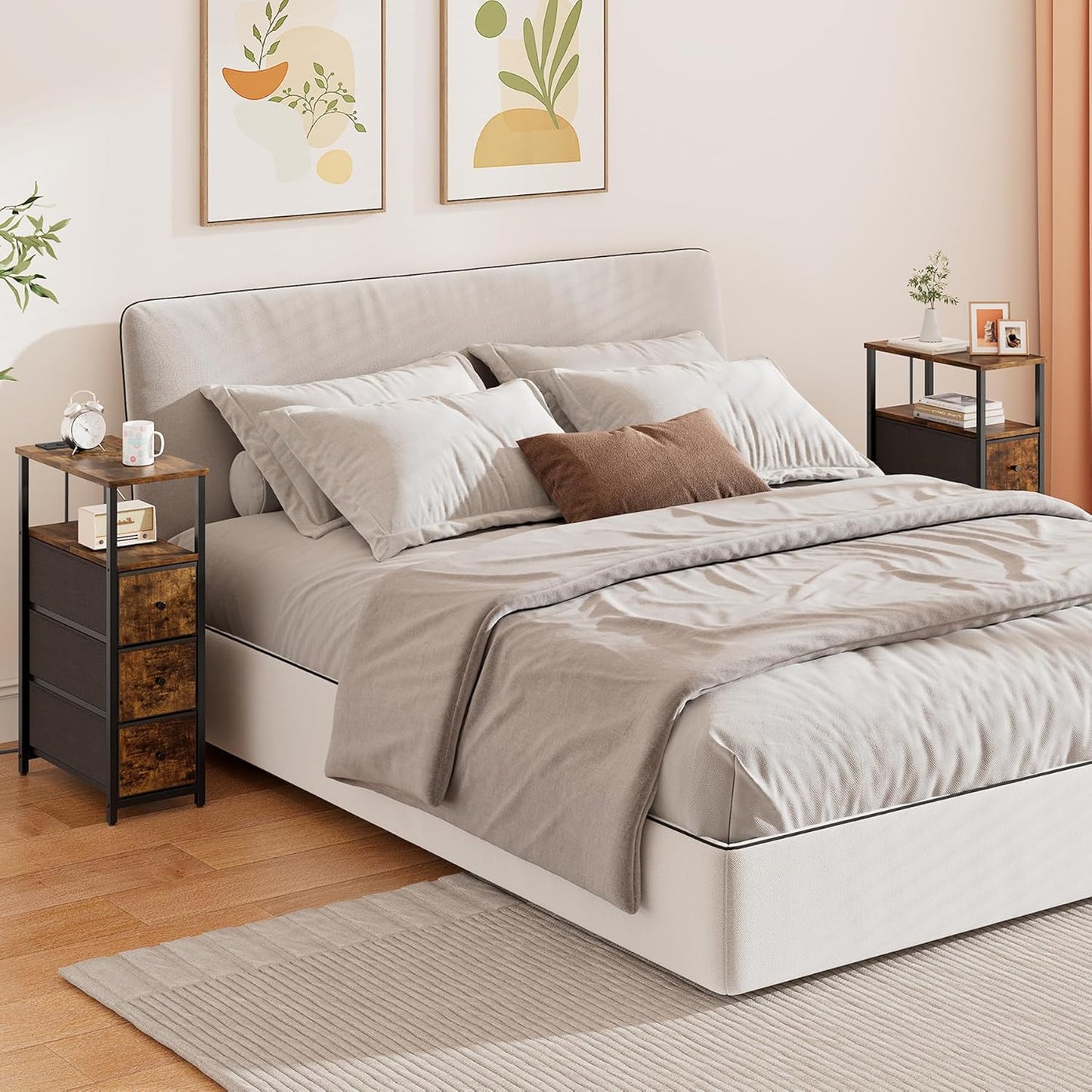 TUTOTAK Narrow Night Stand with Charging Station, Slim End Table with Plugins, Tall Side Table with 3 Fabric Drawer, Small Bedside Table with Storage, Set of 2, Living Room, Bedroom, Brown TB01BB073