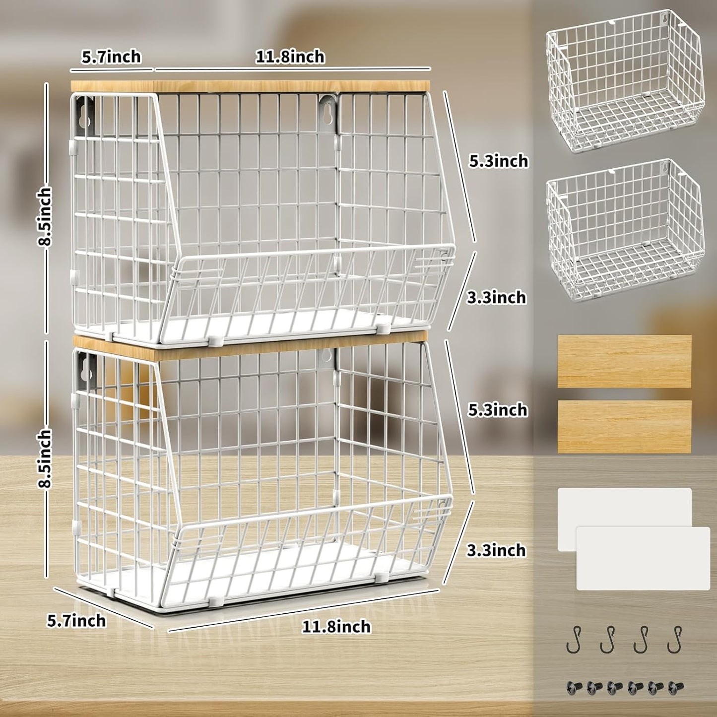 Fruit Basket, 2-Tier Fruit Bowl for Kitchen Counter, Stackable Wall Mounted Fruit Storage, Snack Organizer, Potato and Onion Storage Basket, Hanging Pantry Storage with Wood Lid, 2 Set, White