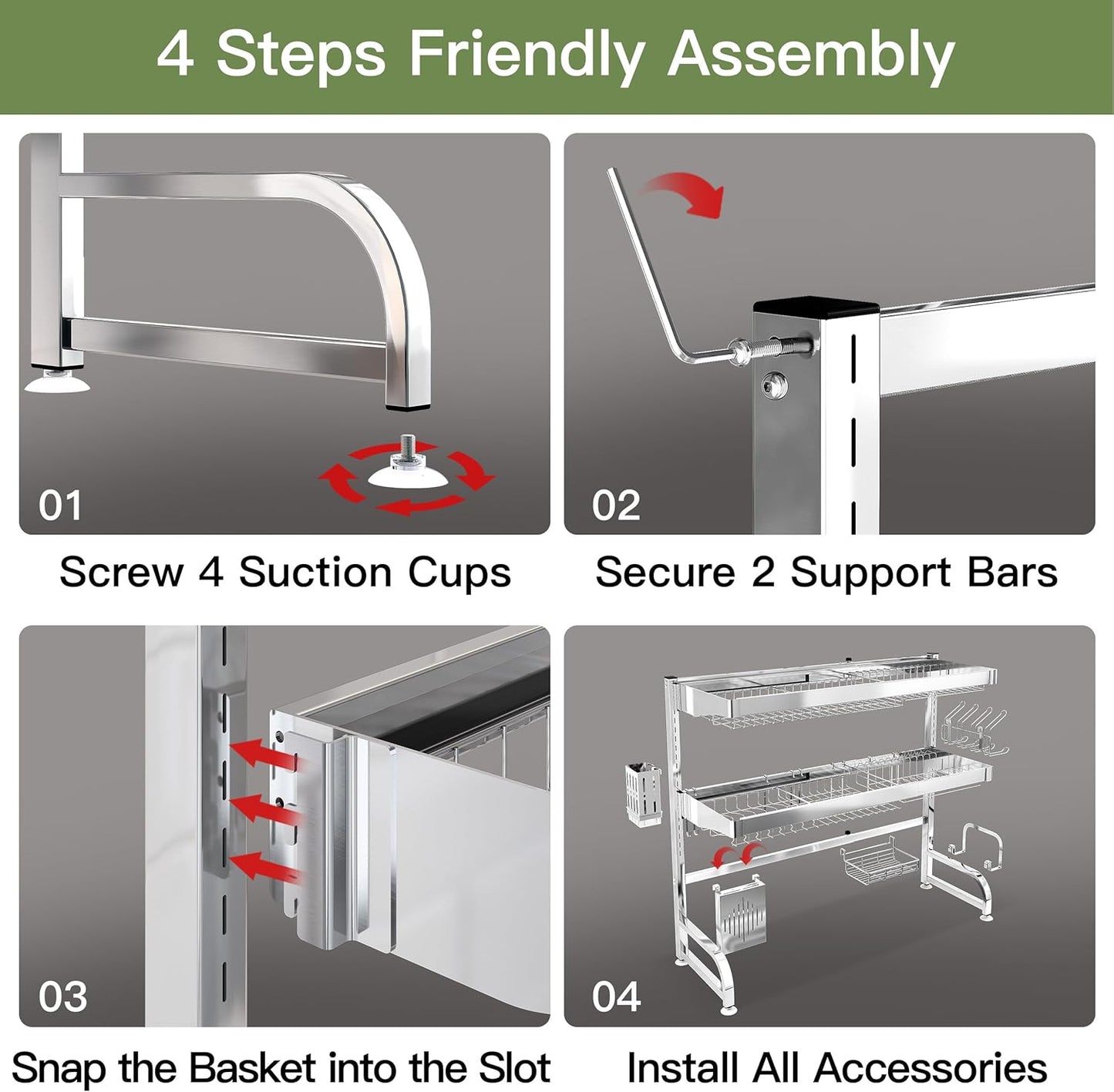 3 Tier Extra Large Stainless Steel Expandable Over The Sink Dish Drainer Drying Rack, Rust Proof Metal, Space Saving, Modern Silver Big Capacity Extendable Plate Strainers Above Kitchen Counter