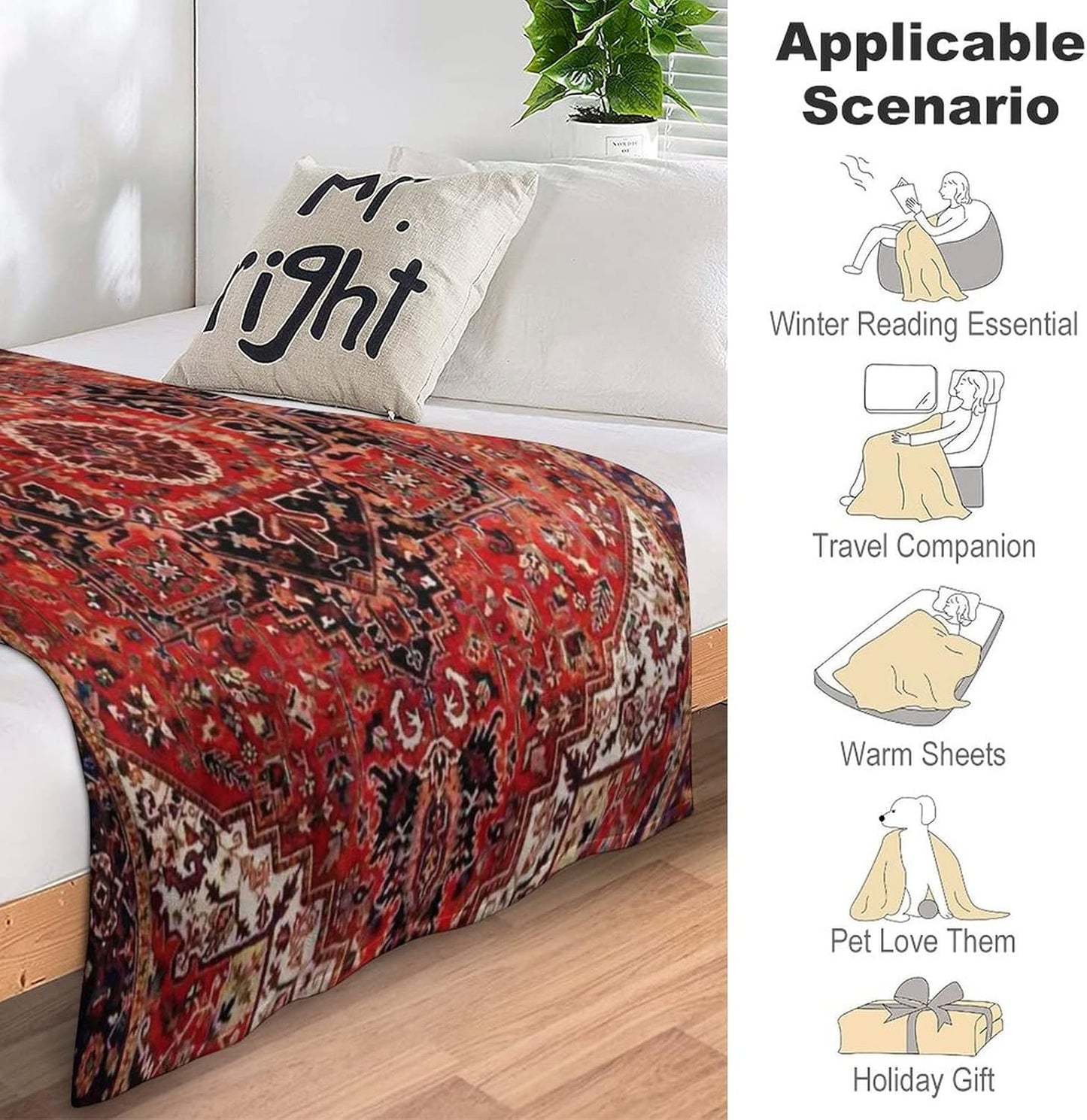 Heriz Antique Vintage Boho Persian Carpet Flannel Fleece Throw Blankets 50"X40" Lightweight Fluffy Winter Fall Blanket Cozy Soft Fuzzy Plush Home Decor for Couch Bed Sofa Bedroom Living Room Travel