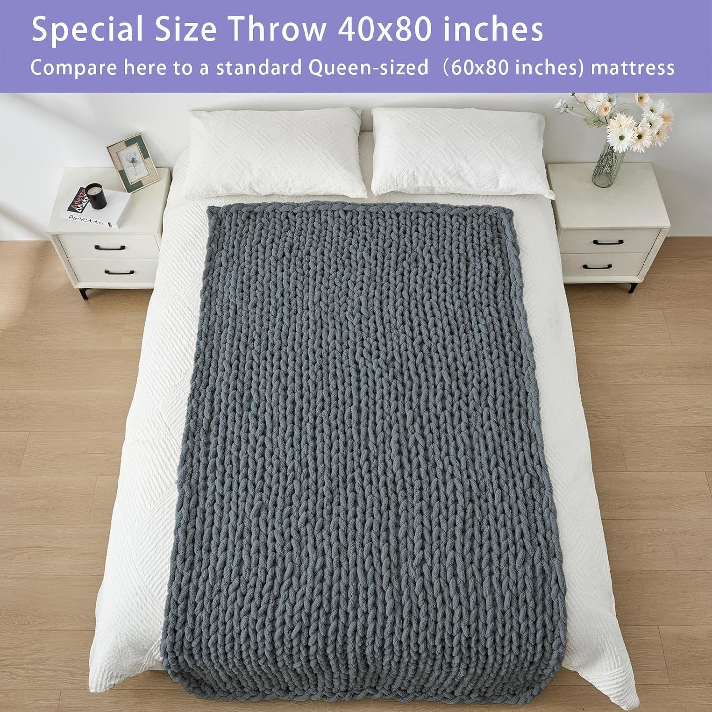 Bigacogo Chunky Knit Throw Blanket for Couch, 40x80 inches, 100% Hand Knitted with Thick Jumbo Chenille Yarn, Cozy Soft Large Rope Knot Cable Crochet Blankets for Sofa Bed Living Room, Iron Gray