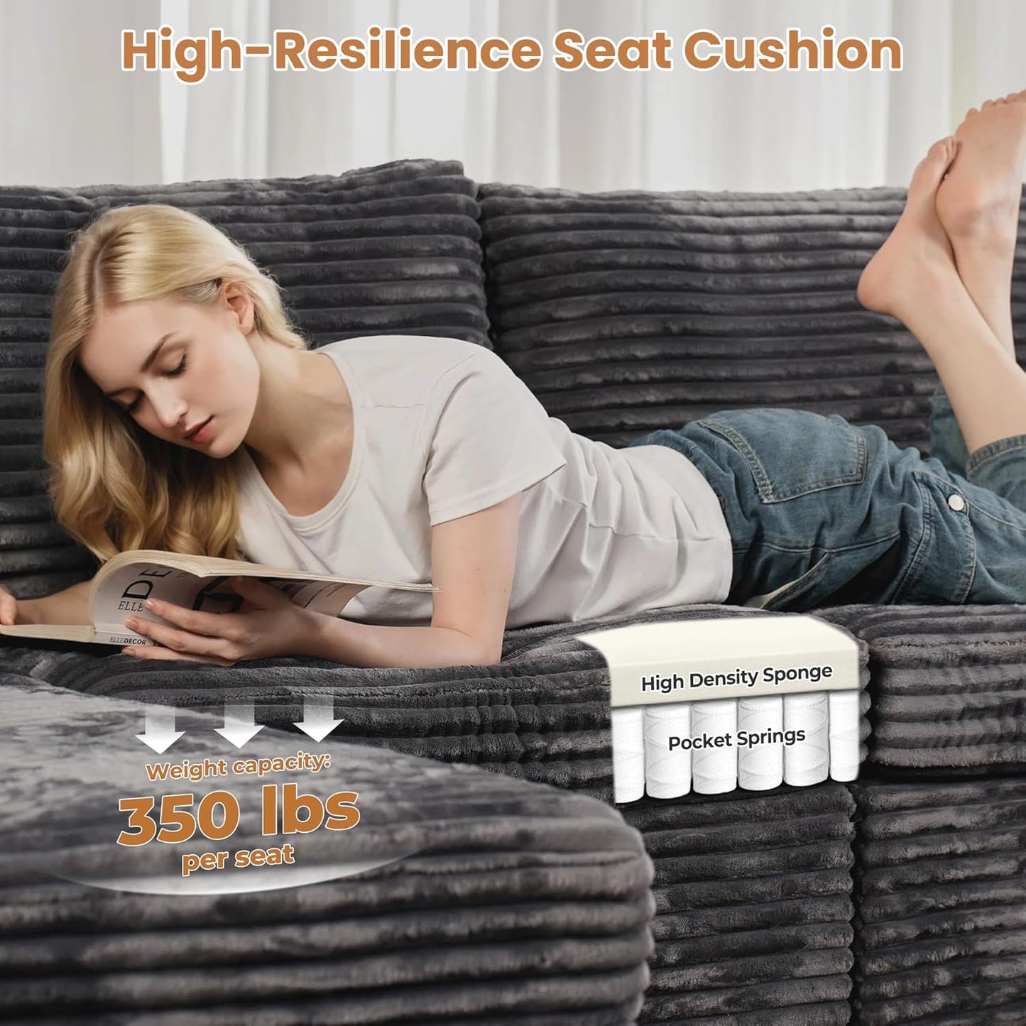 ovios Sectional Sofa Couch with U-Shape Chaise Sofa Bed, Comfy Modular Cloud Couches with Deep Seat, Modern Upholstered Plush Corduroy Sofas Set for Living Room, 7-Seater, Grey