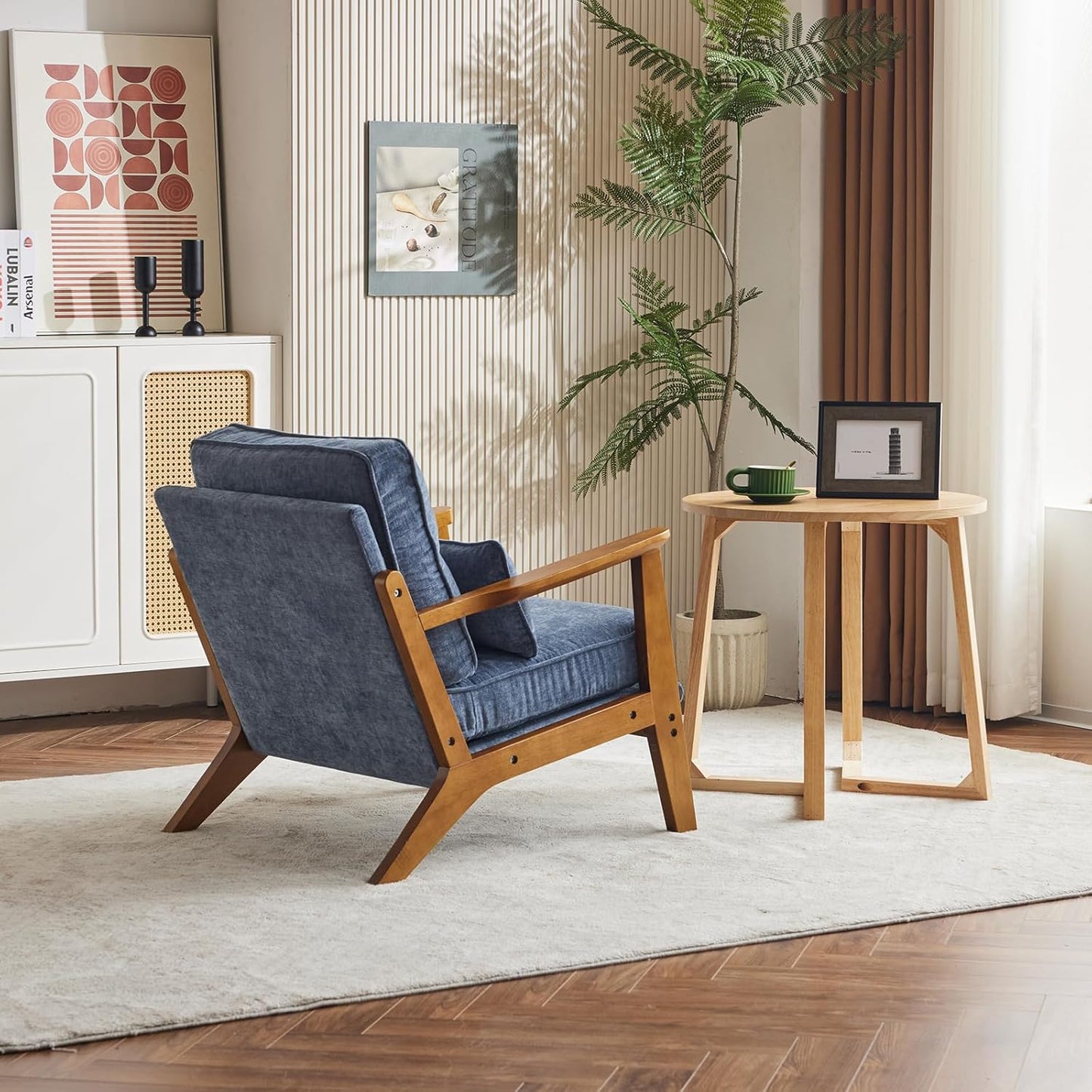 Karl home Accent Chair Wide Armrest Mid-Century Lounge Chair Chenille Armchair with Lumbar Pillow & Solid Wood Frame for Living Room, Bedroom, Balcony, Dusty-Blue