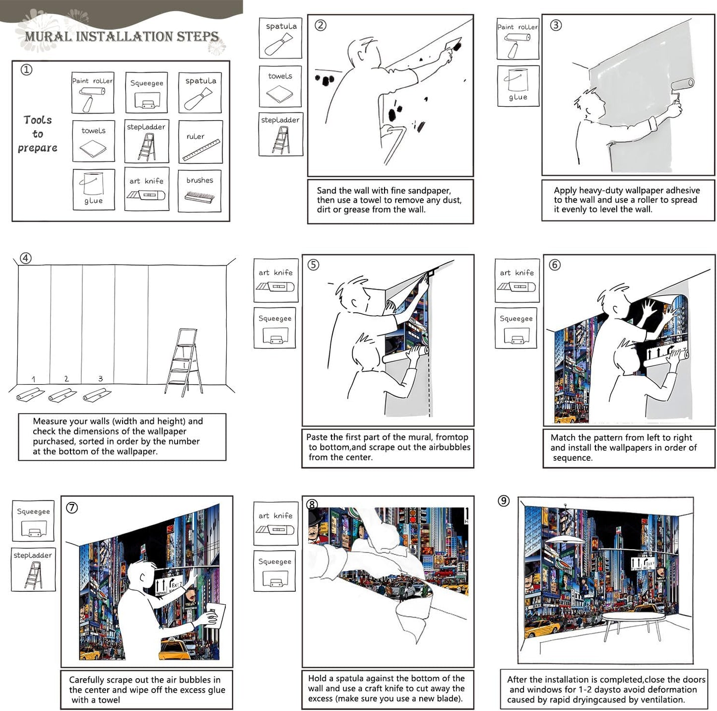 AFZEVEB-Hand-Painted New York City Wallpaper Wall murals for Bathroom 136"x96" (Not Peel and Stick)