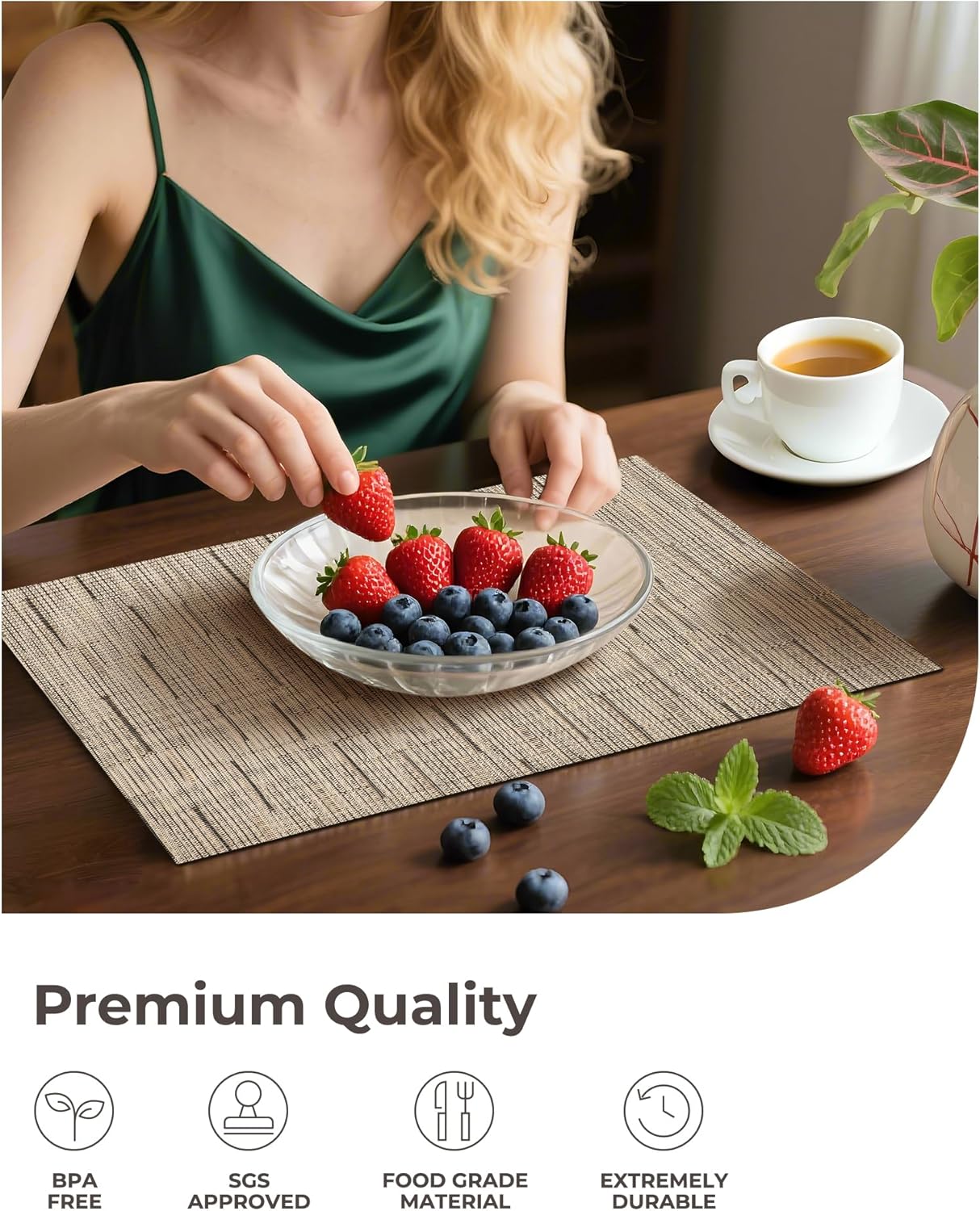 Leetaltree Light Brown Placemats Set of 4 - Heat Resistant Non-Slip Place mats for Dining Table, Washable Durable PVC Vinyl Woven Table Mats(Light Brown, 4)