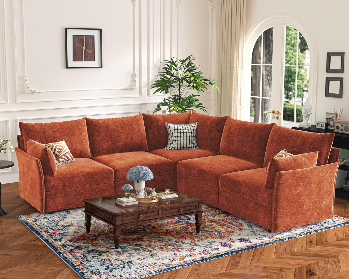135.5" Oversized Modular Sectional Sofa, L Shaped Convertible Couch with Movable Ottoman, 5 Seat Corner Couches for Living Room Deep Seat Terracotta Orange Chenille