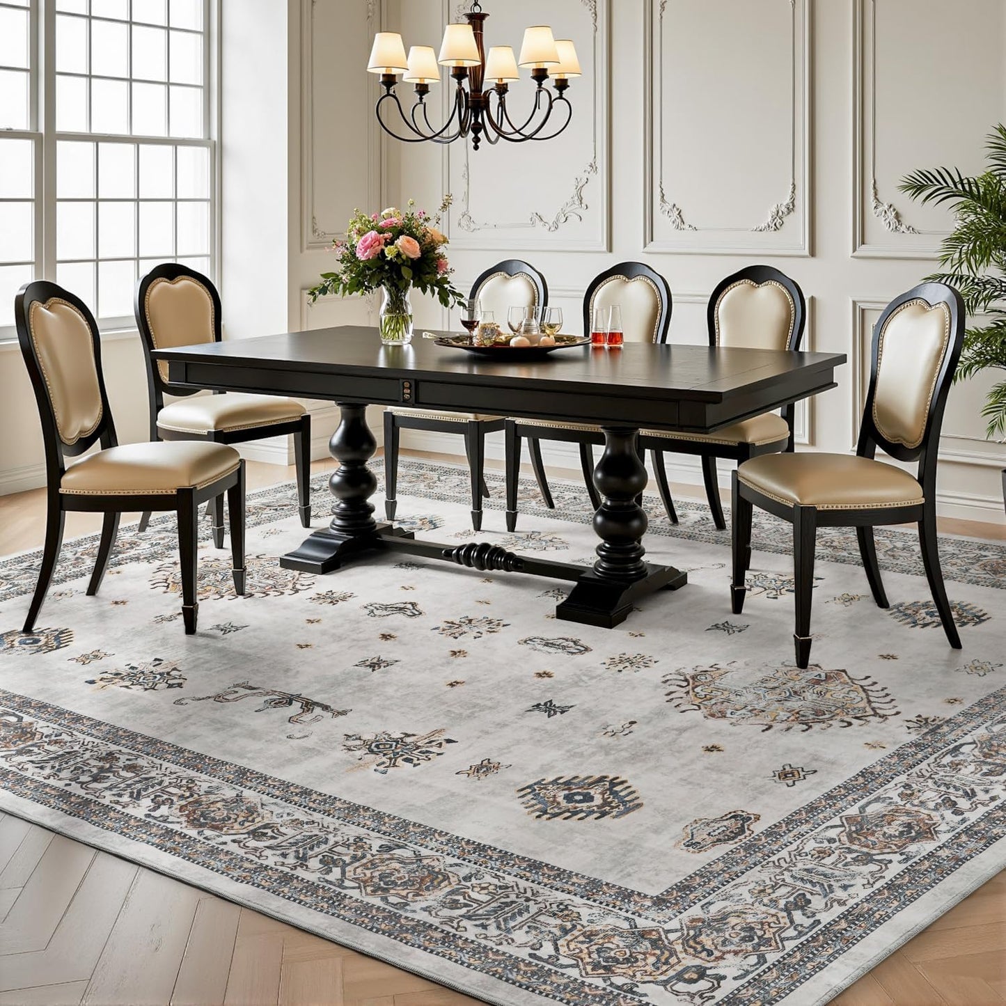 AMOAMI-Vintage Area Rug 8X10 Grey Rugs for Living Room-Soft Living Room Rug Non Slip Rugs for Bedroom Carpet Machine Washable Rug for Dining Room Bedside Office Room Decor