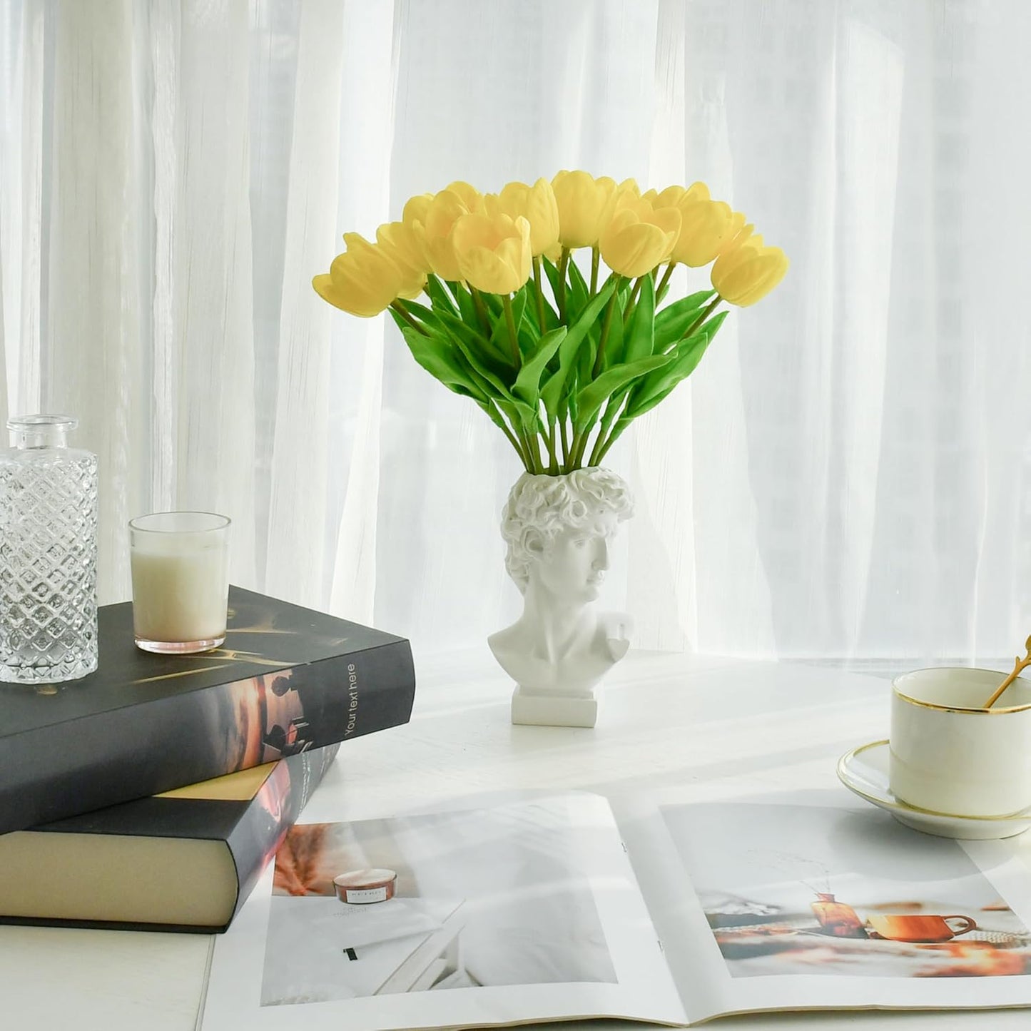 Mandy's Artificial Tulips 12 Stems Yellow Partially Open PU Faux Flowers for Wedding Home Decor 13.5 Inch