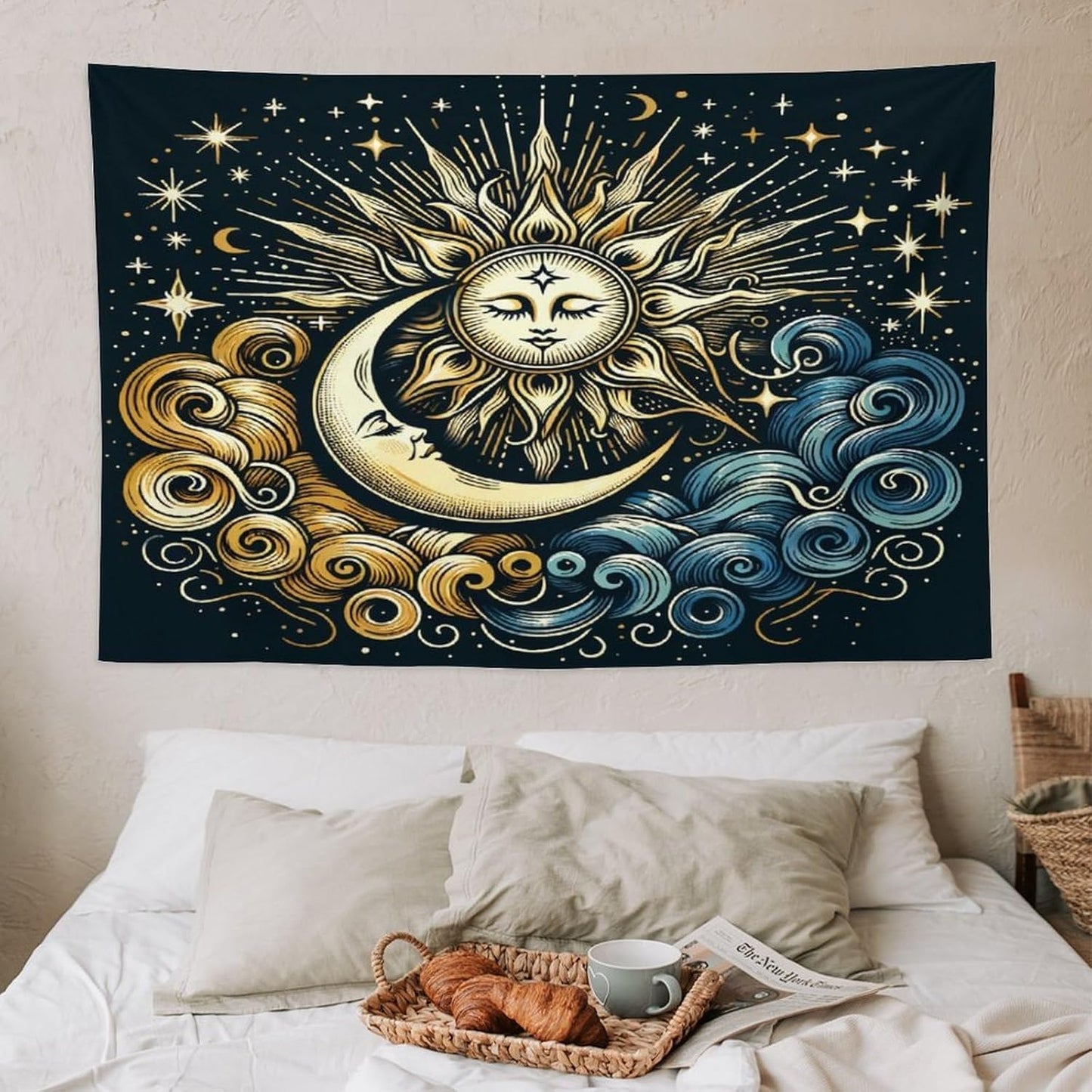 HZOHNAGO Sun Moon Tapestry Boho Golden Stars Pattern Printed Wall Tapestry Wall Hanging for Bedroom Living Room Dorm 60" W x 40" H