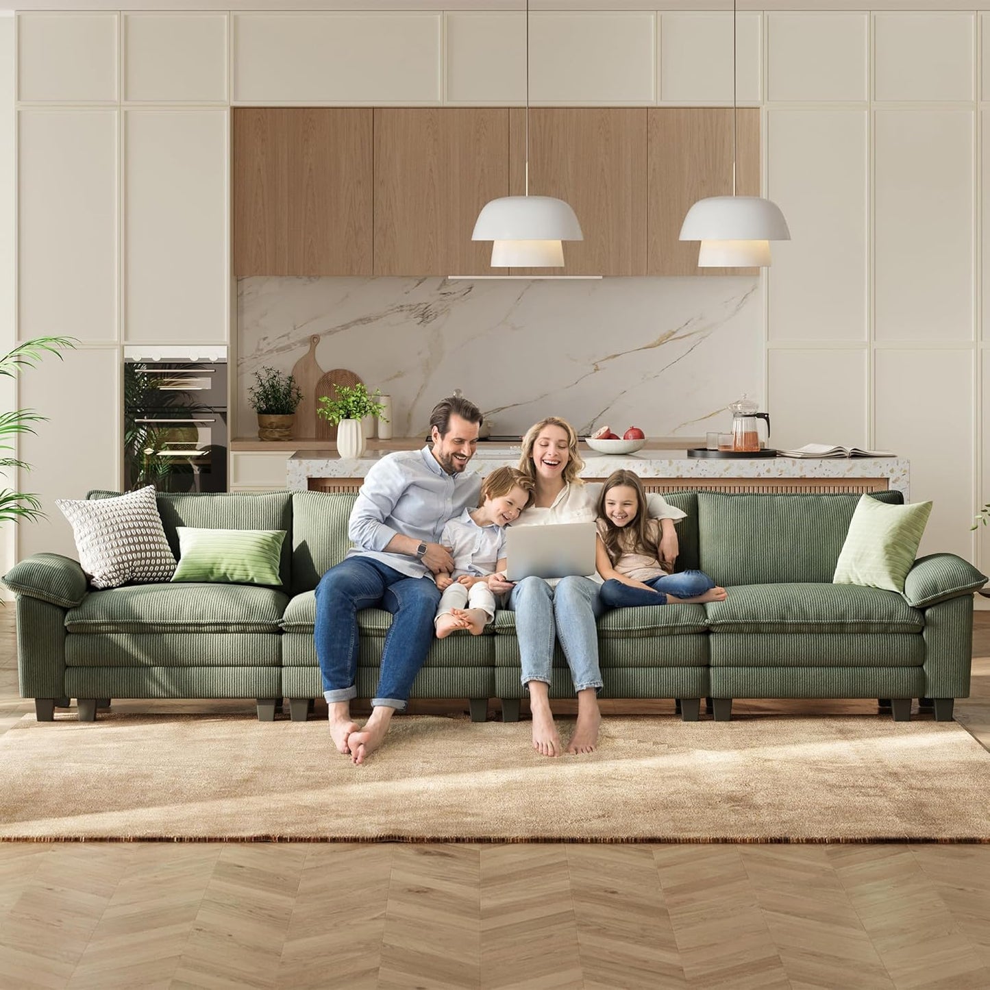 LINSY HOME Oversized Modular Sectional Sofa - 157'' Corduroy Cloud Couch Deep Seat Modular Sofas Soft Modern Comfy Couches for Living Room Apartment Office, Green