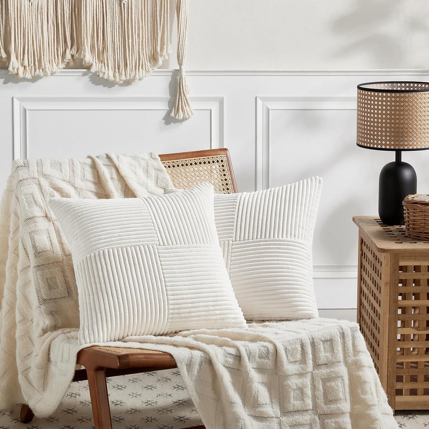 Fancy Homi 2 Packs Cream White Big Decorative Throw Pillow Covers 24x24 Inch for Living Room Couch Bed, Farmhouse Boho Home Decor, Soft Corss Corduroy Patchwork Accent Square Cushion Case 60x60 cm