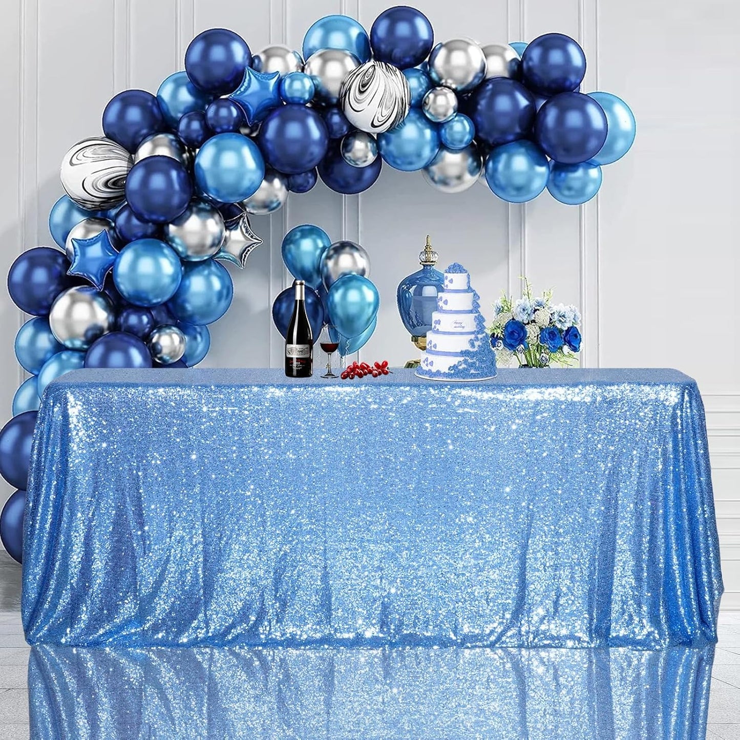 SquarePie Sequin Tablecloth 90 x 132 Inch Baby Blue Sparkly Table Linen for Wedding Party
