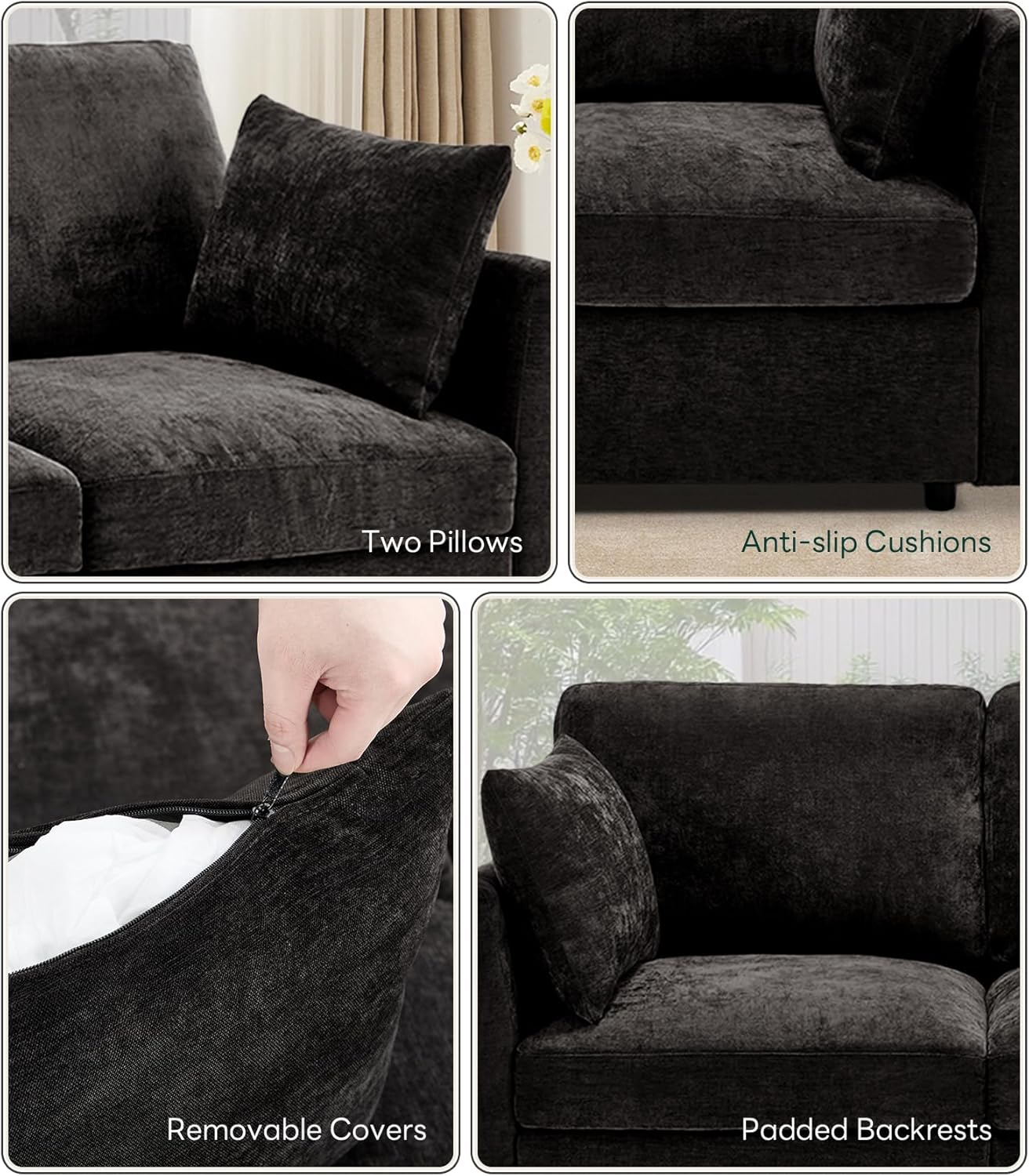 Tbfit U Shaped Couch 8 Seat, Sectional Sofa for Living Room,Chenille Cloud Couch with Ottoman, Black