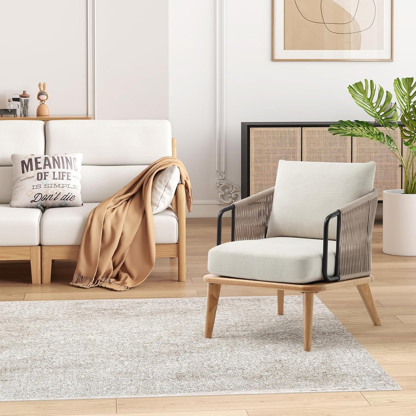 ANJ Accent Chair,Mid-Century Modern Reading Chair with Braid Armrests, Armchair for Living Room Bedroom Outdoor