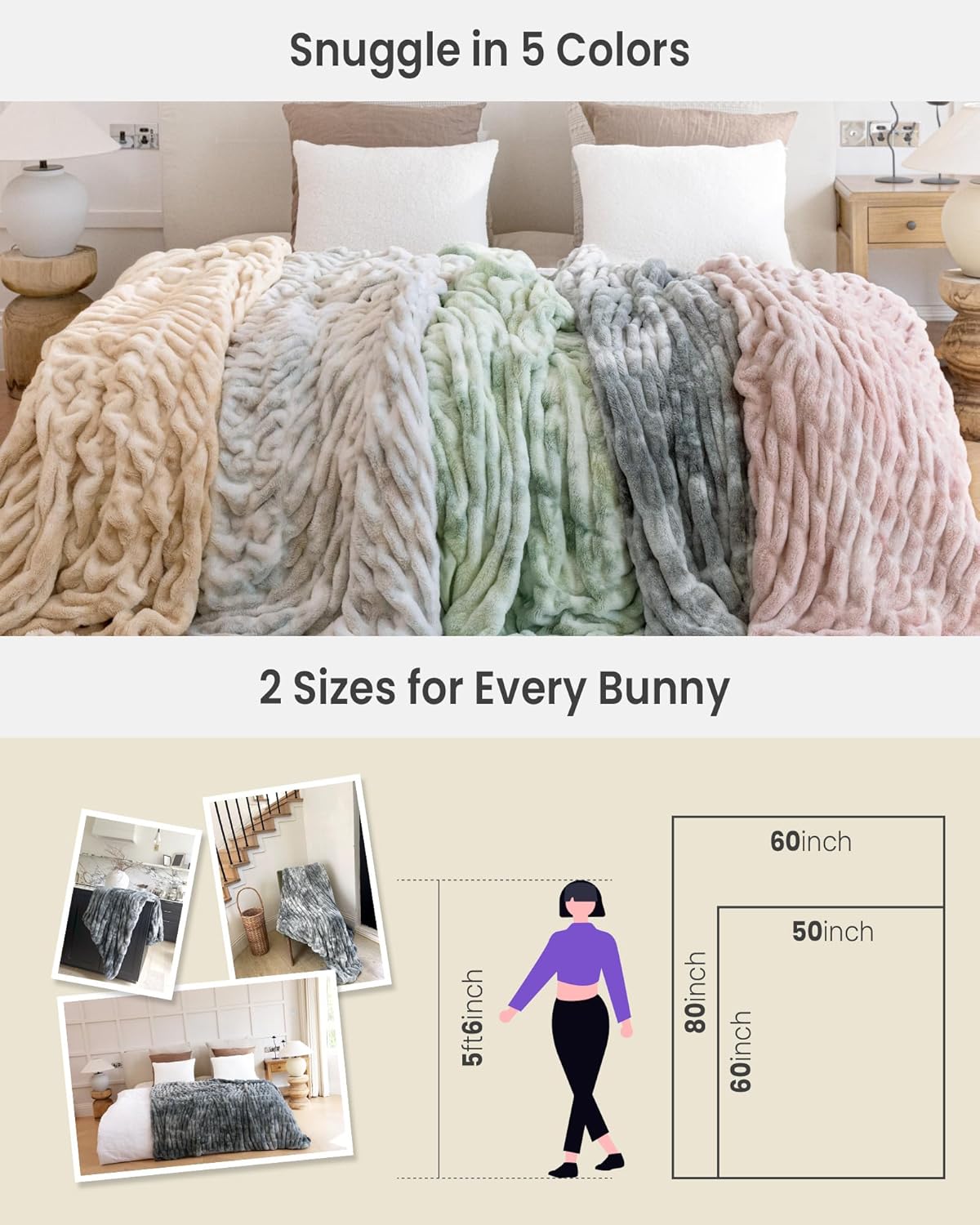 Faux Fur Blanket, Twin Size Oversized Throw Blanket for Couch, Fluffy Blanket with Stretch Ruched Design, Ultra Soft Giftable Home Decor, 60x80 inches, Tie-Dyed in Pink