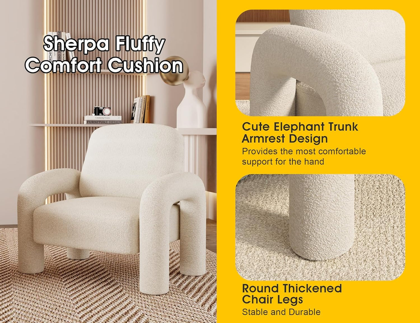 Modern Sherpa Accent Chair, Teddy Upholstered Arm Single Sofa, Cozy Fluffy Reading Chair for Living Room, Bedrooms, Corner (Cream White)