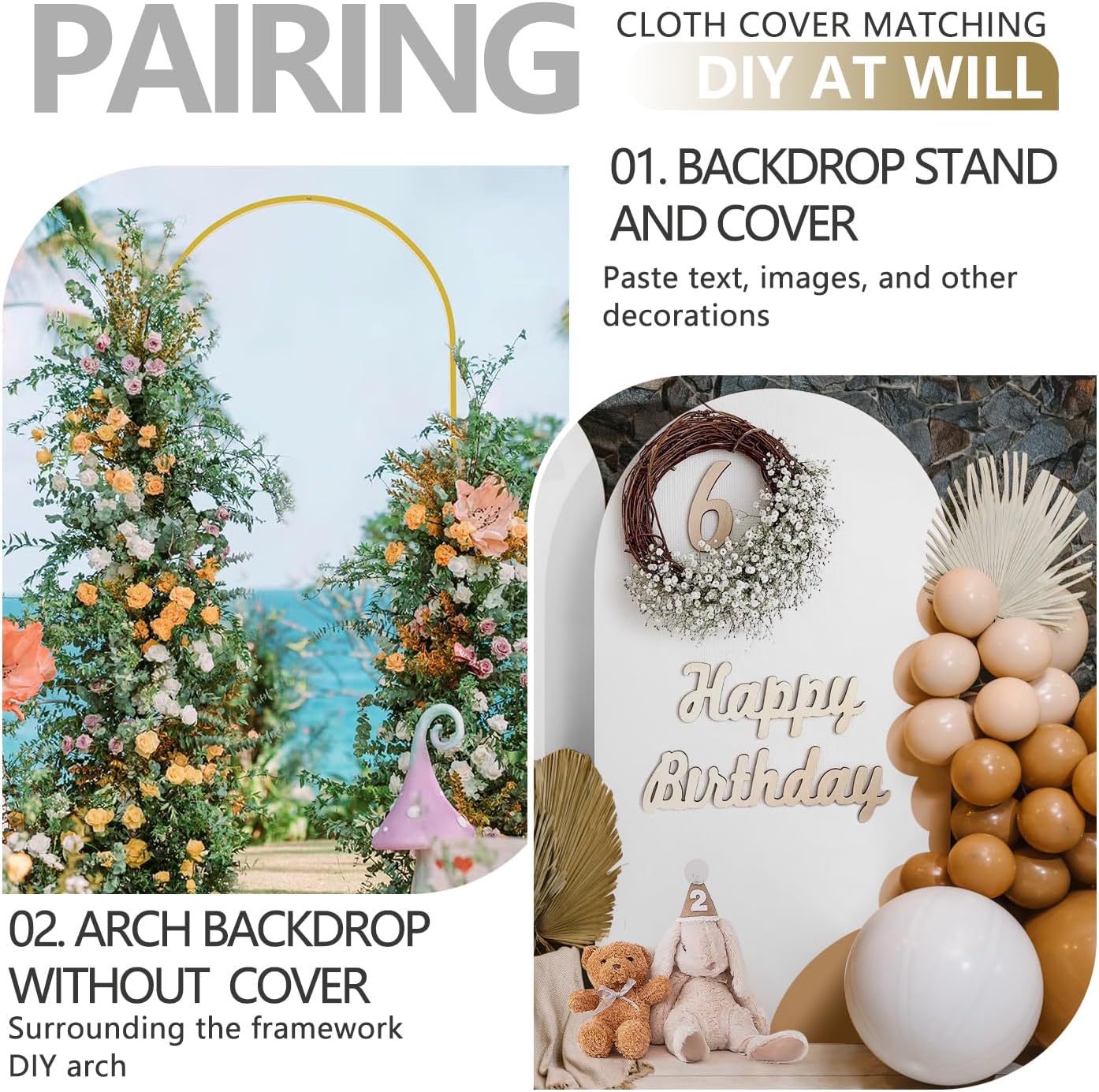 Arch Backdrop Stand and Cover Set, Metal Balloon Arch Backdrop 6ft, Gold Arched Stand Frame for Wedding, Parties,Birthday, Backdrop Decorations (White,6ft)