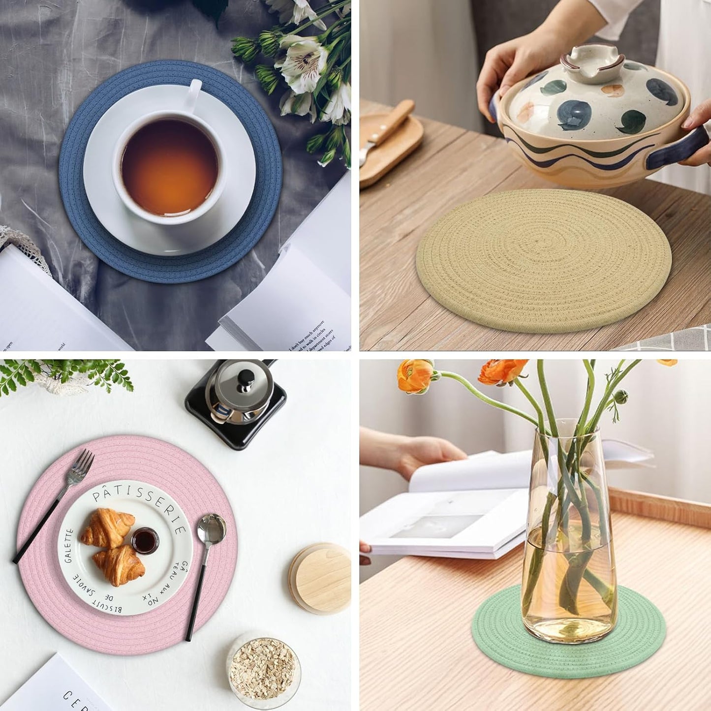 Round Placemats Set of 6, Cotton Rope Woven Table Mats, Hot Pads for Kitchen, Non Slip Heat Resistant Place Mats, 13 Inches Braided Placemat for Farmhouse Decor and Kitchen Table Decor (Pink)