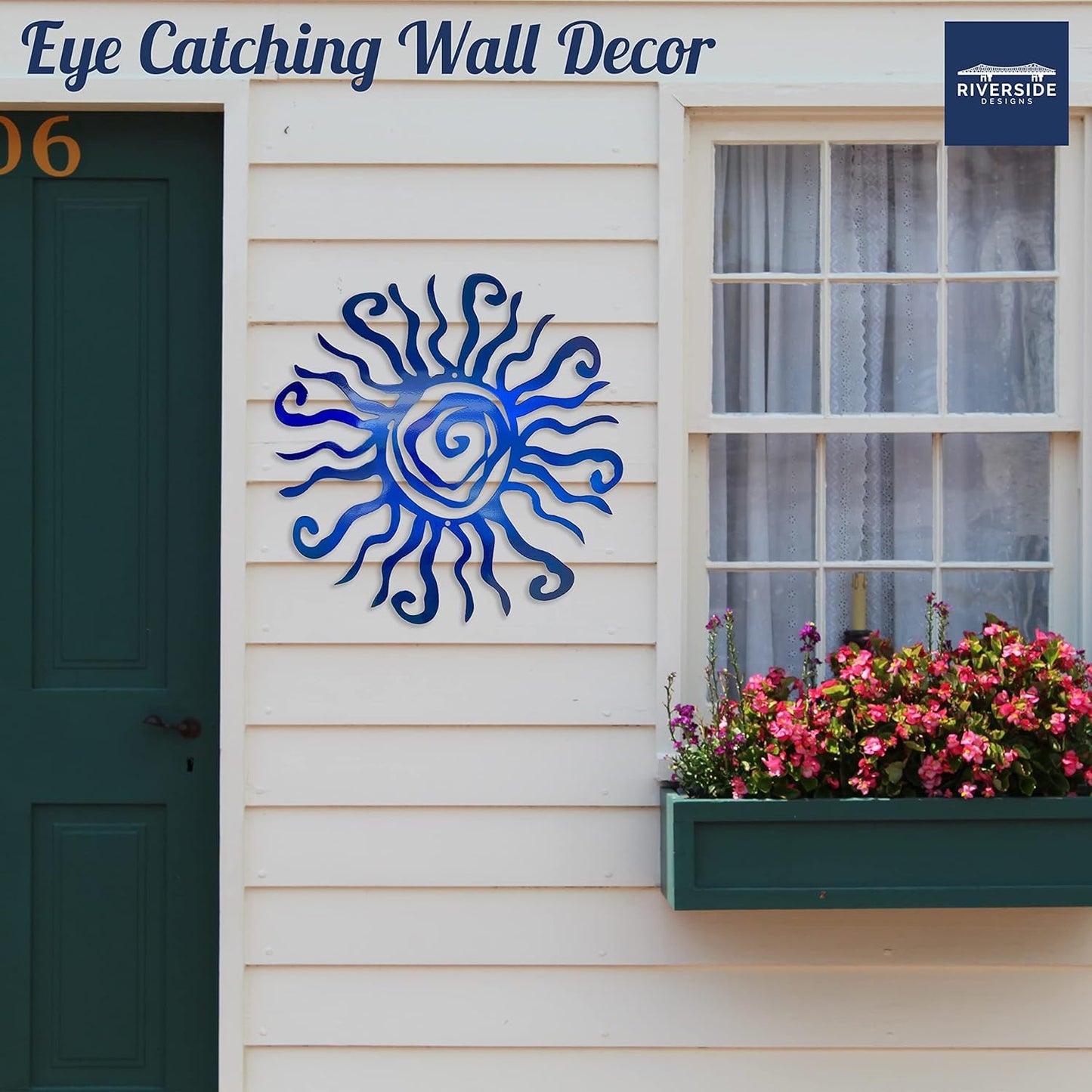 Riverside Designs Wacky Sun Metal Wall Art Indoor/Outdoor Decor - 24" Blue Rust Proof Wall Sculpture - Made in USA - Ideal for Bedroom, Garden, Home, Patio and Farmhouse