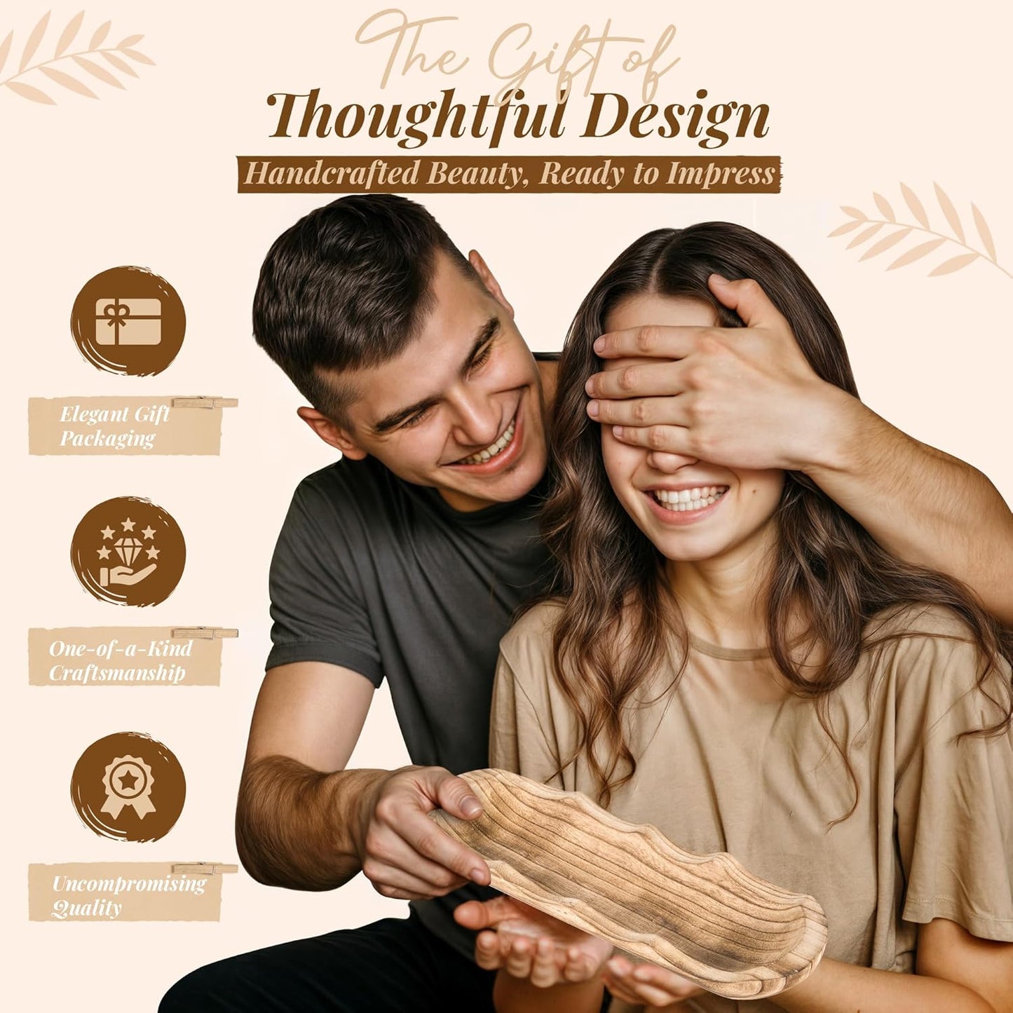 Wavy Edge Wooden Dough Bowl for Decor 16"L Lightweight Paulownia Wood Hand Carved Decorative Wooden Farmhouse Fruit Bowl Handmade, Home Decoration Centerpiece, Table Display Bowl