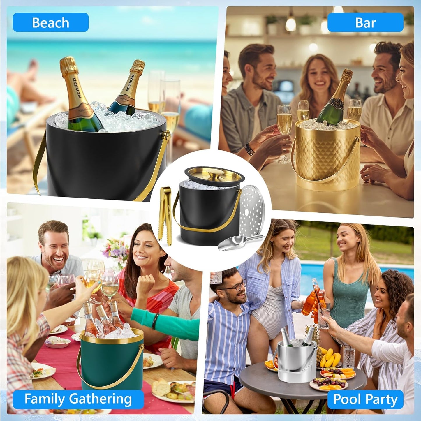 Ice Bucket, Ice Bucket with Silicone Sealing Ring Double-Wall Vacuum Insulation Champagne Buckets with Filter Layer Ice Tongs Ice Scoop (Black, 3 L)