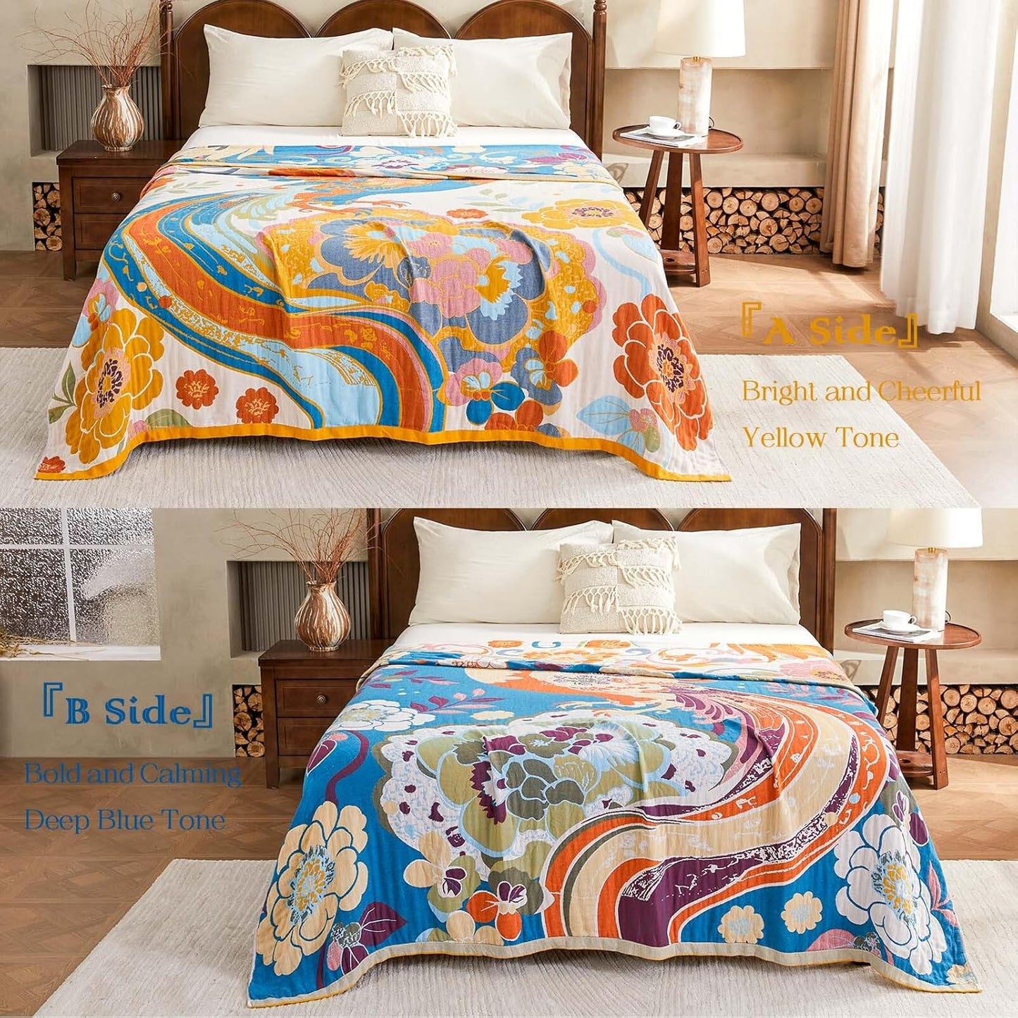 Boho Throw Blanket, Lightweight Blankets for Summer, 100% Cotton Bohemian Decorative Throw Blanket, 80"x90" Reversible Muslin Breathable Woven Farmhouse Blankets Quilt,