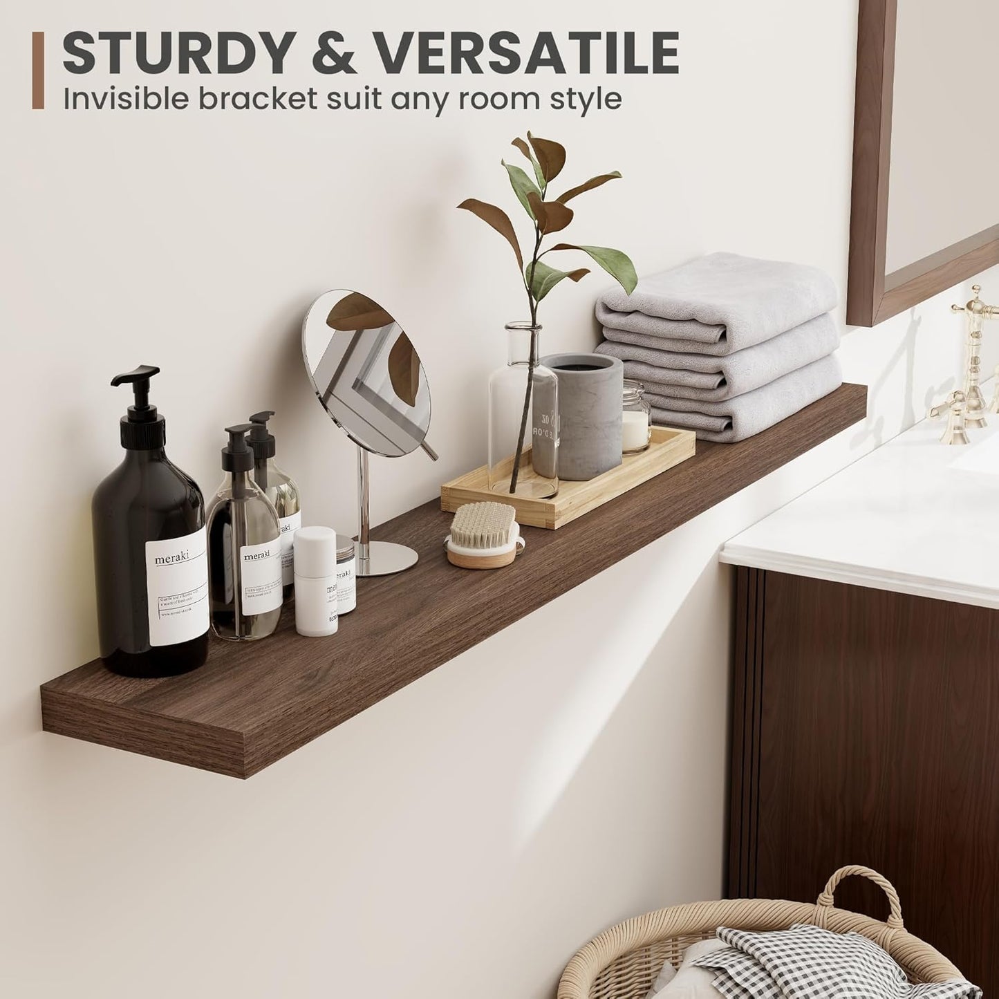 40 Inch Floating Shelves, 8 Inch Deep Floating Shelves for Wall, Hanging Shelf with Invisible Brackets, Deep Shelves for Bathroom, Bedroom, Living Room, Walnut, Set of 2