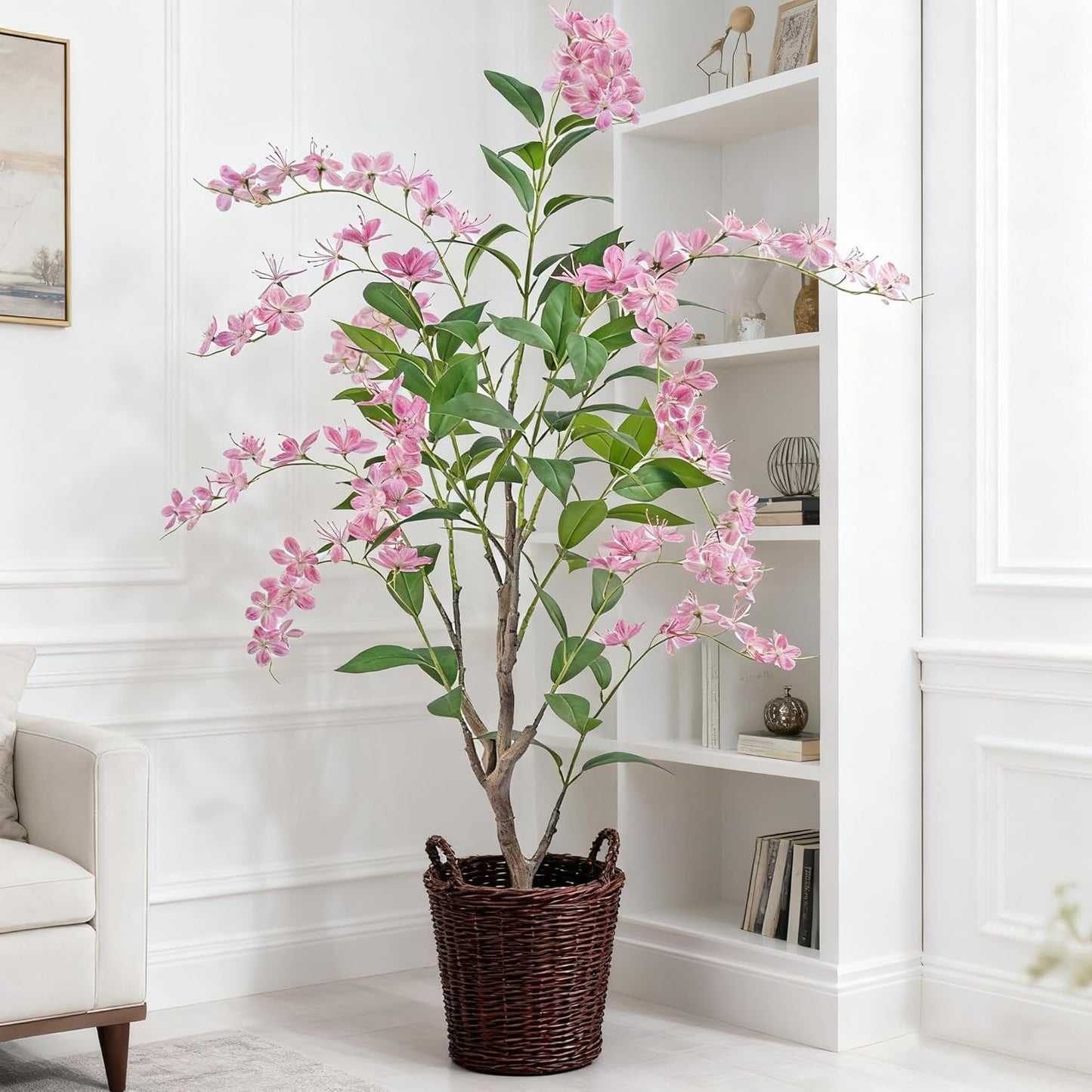 Artificial Jasmine Tree 5ft Beige Flower Pot Fake Plants, Lifelike Artificial Trees with Natural - Looking Blooms, Perfect for Any Space