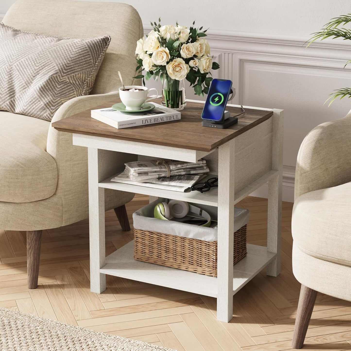 Rresyet Sliding Side Table with Charging Station & 2-Tier Storage,Farmhouse End Table, Wooden Nightstand for Bedroom & Living Room,White