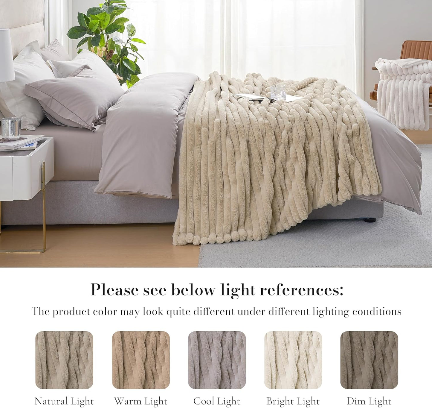 Amélie Home Faux Fur Throw Blanket for Couch, Cozy Fuzzy Fluffy Fur Luxurious Soft Striped Plush Gift Blankets for Family Sofa Chair Bed Living Room Bedroom, 55"x70", Beige