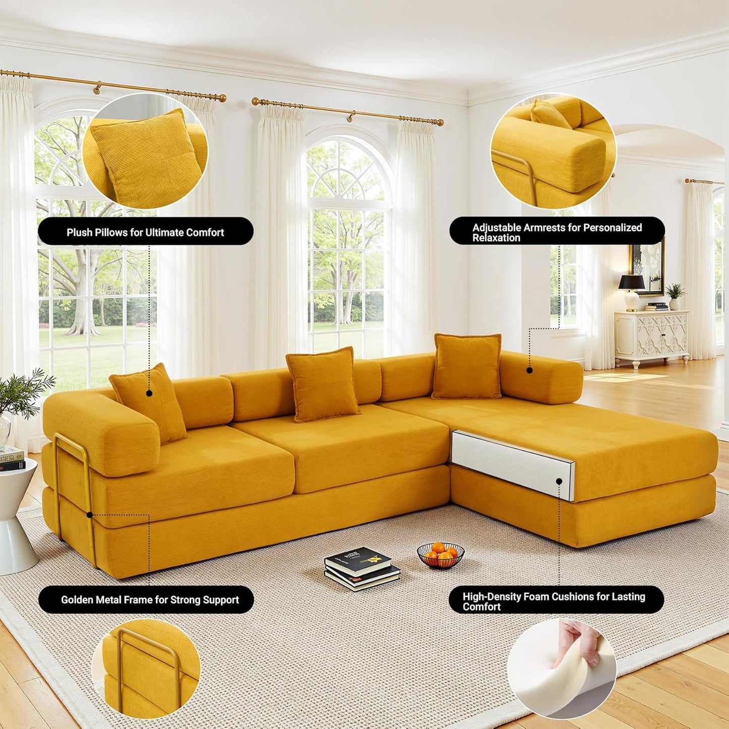 108" Oversized Convertible Sleeper Sofa Bed, Corduroy L Shape Sectional Couch, Folding Sofa Bed with Side Pocket, Modern Cloud Floor Mattress Couch, Modular Sofa for Living Room, Yellow