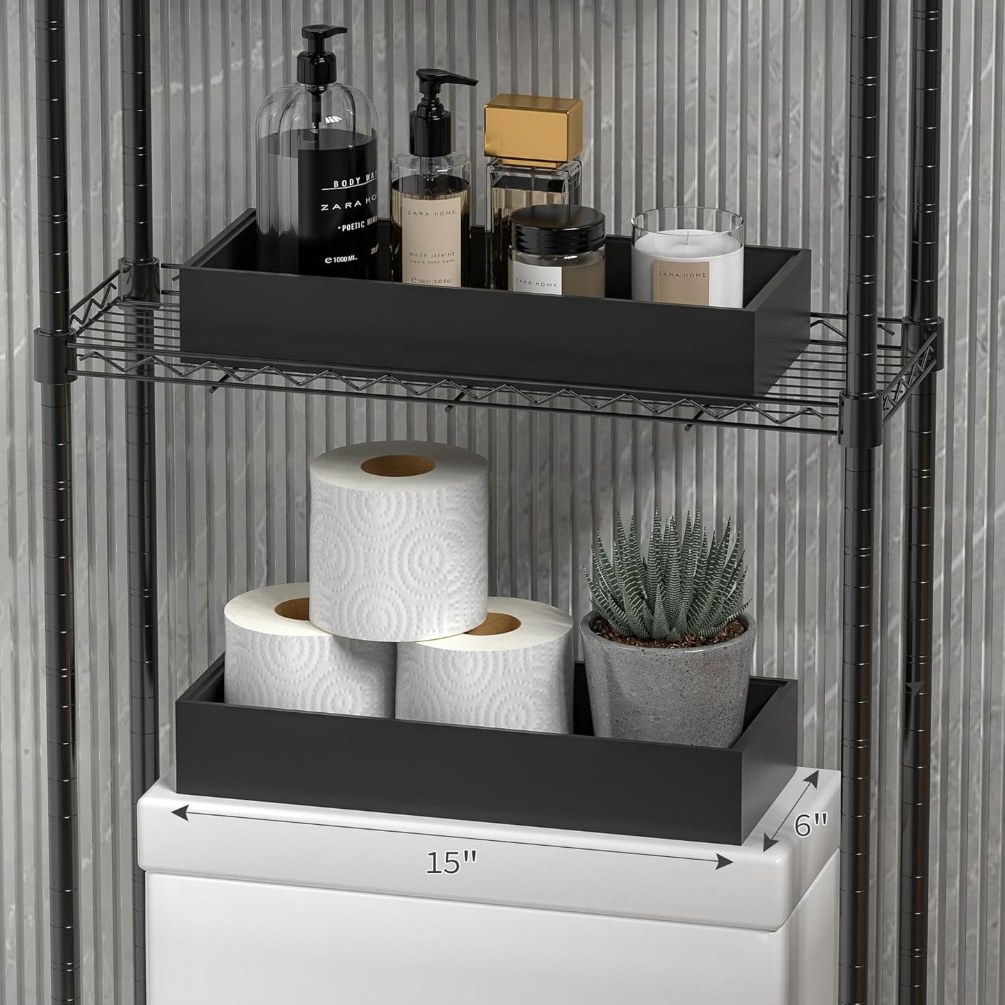 Kitchen Drawer Organizer Tray, Stackable Black Bamboo Drawer Organizer for Large Silverware, Utensils, Cutlery, Flatware, Junk, Dresser, Bathroom, 17" x 6" x 2.5" (Set of 2)