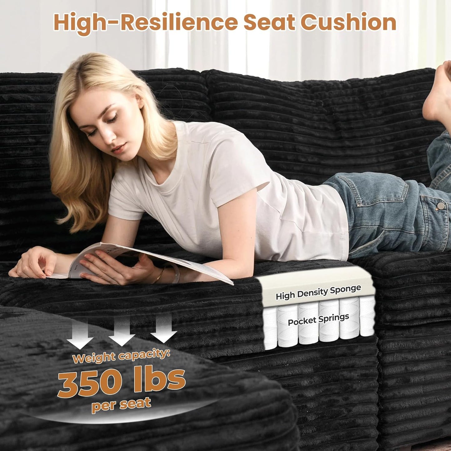 ovios Sectional Sofa Couch with U-Shape Chaise Sofa Bed, Comfy Modular Cloud Couches with Deep Seat, Modern Upholstered Plush Corduroy Sofas Set for Living Room, 8-Seater, Black