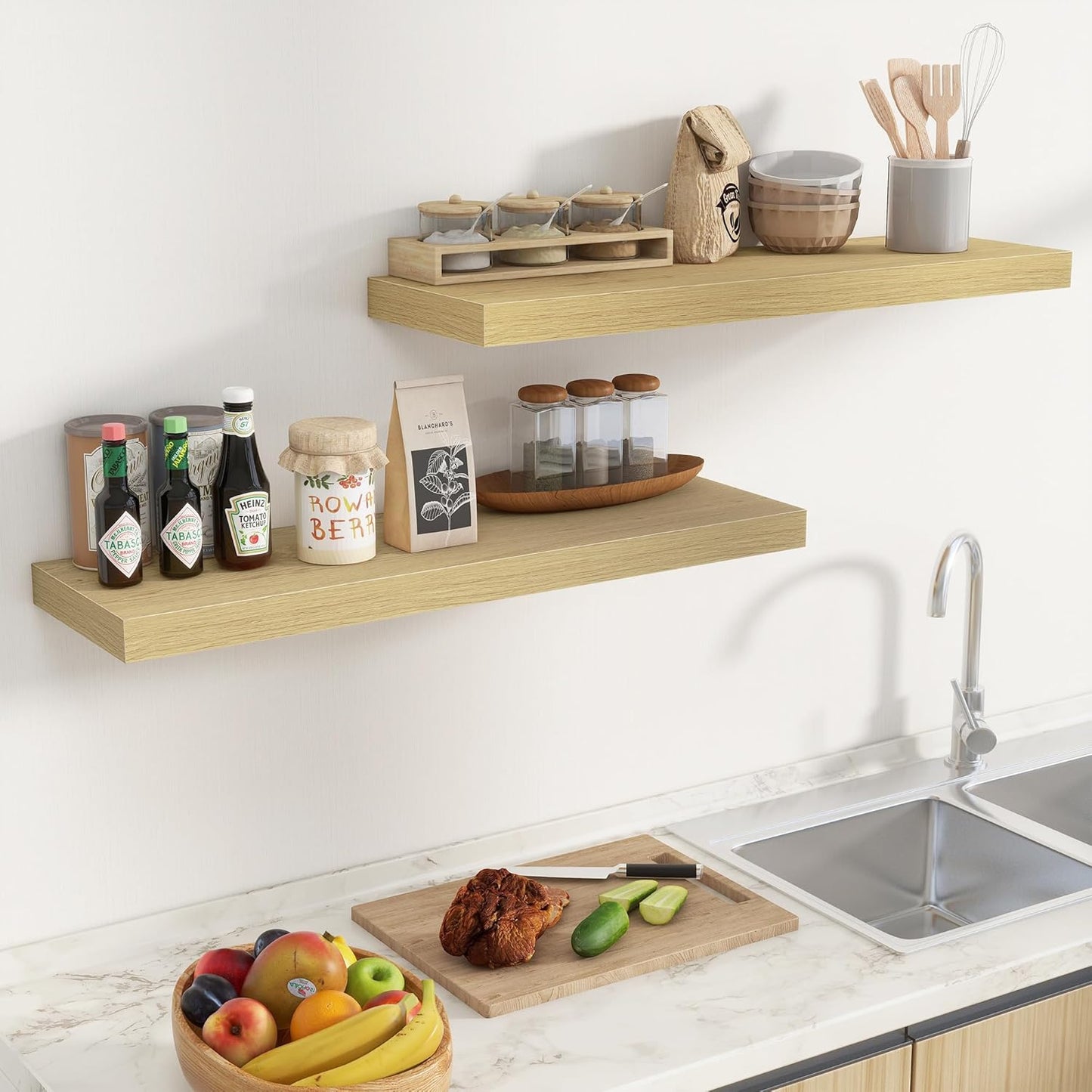 Fun Memories Floating Shelves for Wall 36 Inches, Wood Shelves with Invisible Bracket, 10" Deep Shelves Wall Mounted, Large Wood Floating Shelves for Living Room Bathroom, Oak, Set of 2