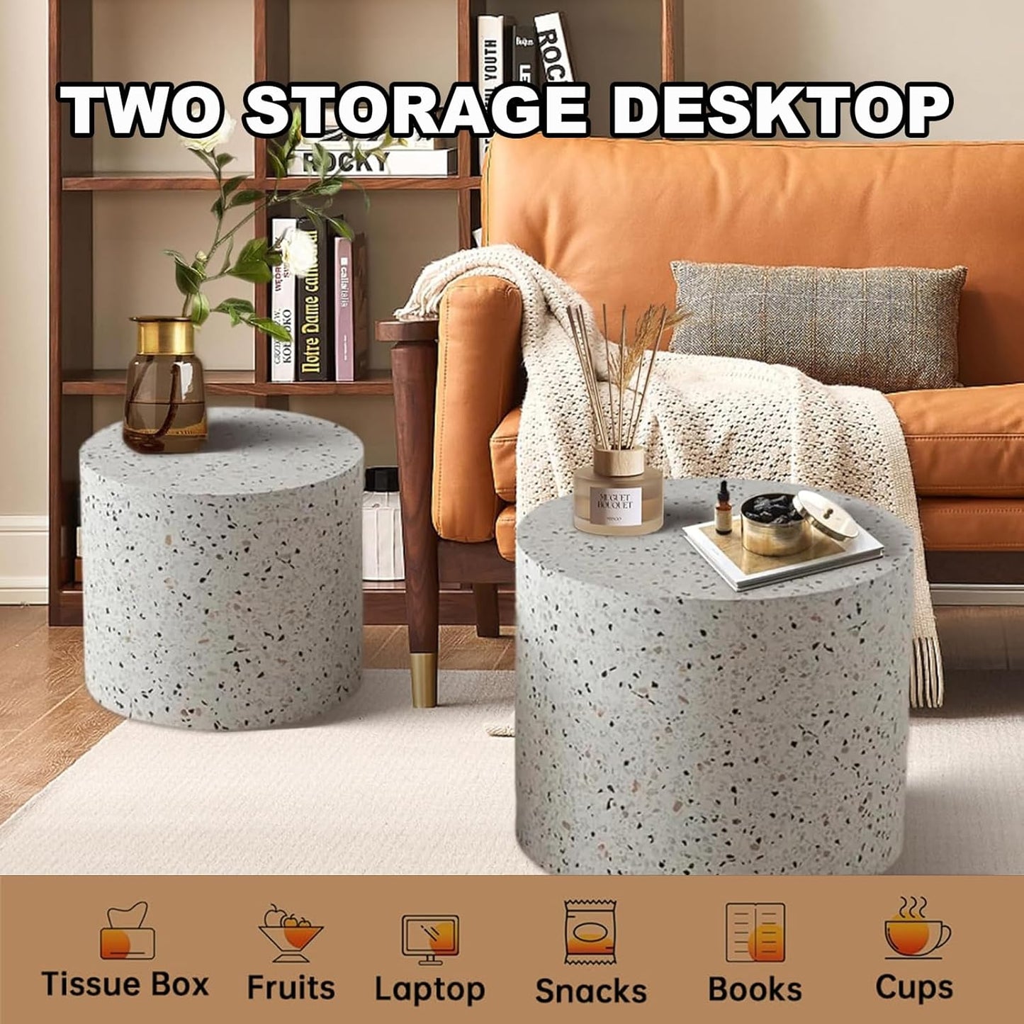 Round Nesting Coffee Table Set of 2 Modern Wooden Drum Coffee Table and End Table Sets Small Side Tables Circle Accent Center Tables for Living Room Apartment,No Assembly,Terrazzo