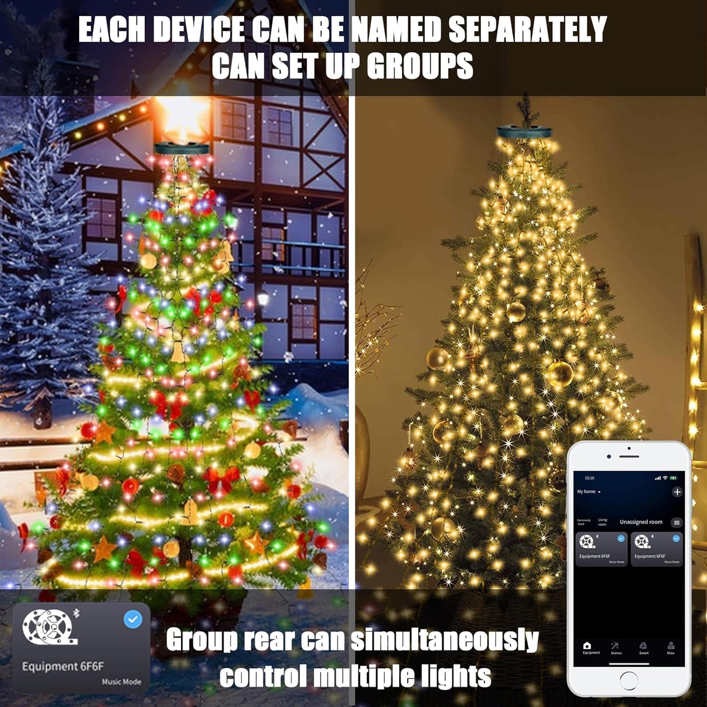 Smart Christmas Tree Lights with Ring, APP Control Music Sync 6.56Ft x 16 Lines String 400 LED Indoor Outdoor with DIY scenarios 17 Modes Multicolor Timing for Christmas Tree Decorations
