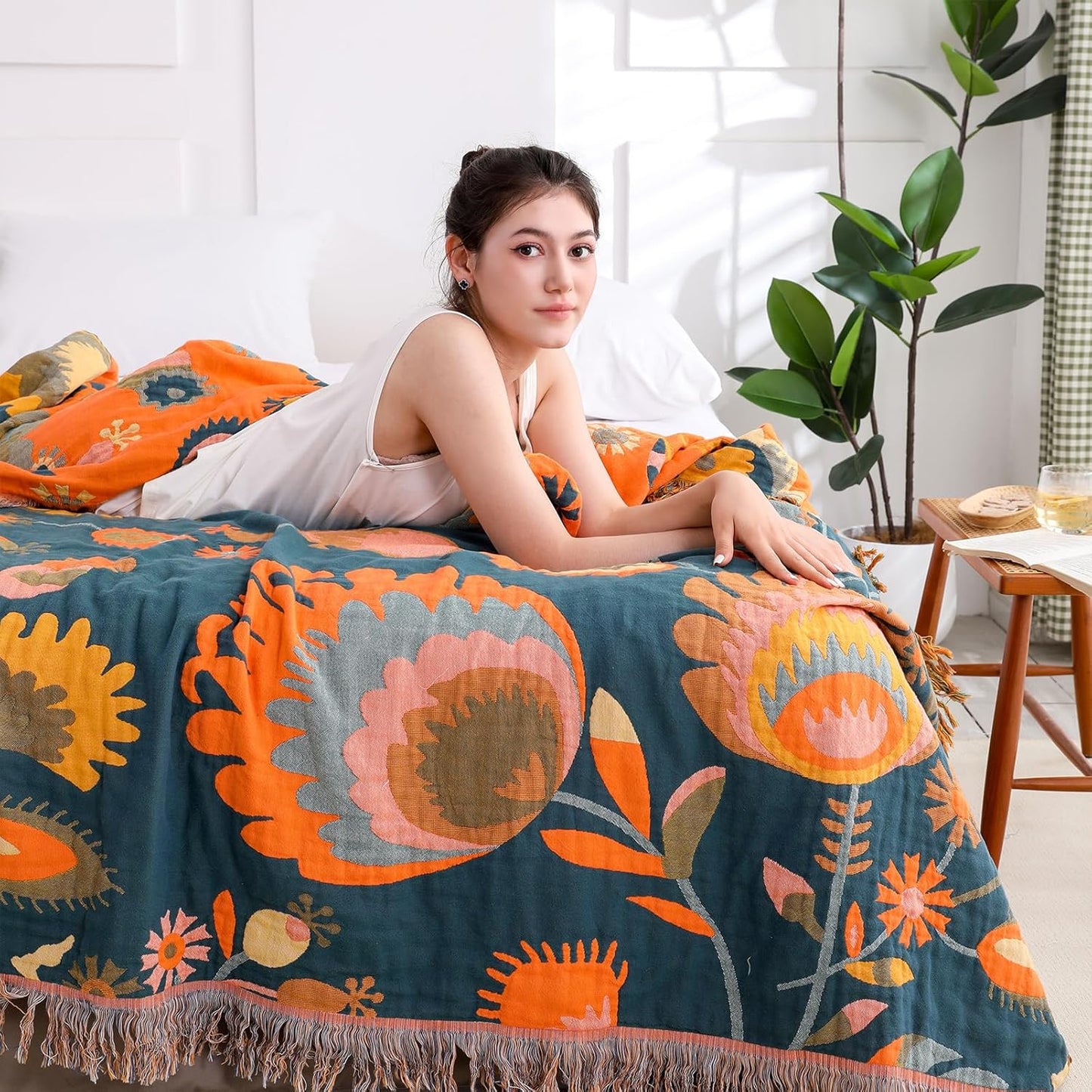 Snycler Boho Throw Blanket for Bed, 100% Organic Cotton Muslin Soft Throw-Orange Boho Floral Farmhouse Rustic Spring Summer Fall Decor Blanket for Couch Sofa Quilt and Gift, 80" x 90"