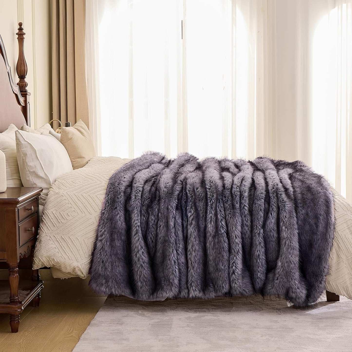 Fluffy Faux Fur Throw Blanket – Super Soft Warm Thick Plush Blanket for Bed, Couch & Office, Cozy Fuzzy Throw with Flannel Backing,60"x80", Grey