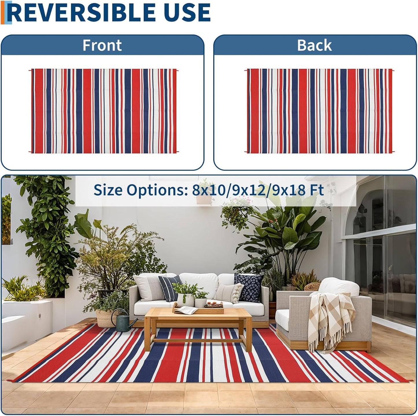 Outdoor Plastic Straw Rug 9x18 Waterproof Outside Rug, Large Modern Striped Reversible Floor Mats, Foldable & Lightweight Camping Carpet for Patio, Porch, Deck, Backyard, Balcony, Red Blue White