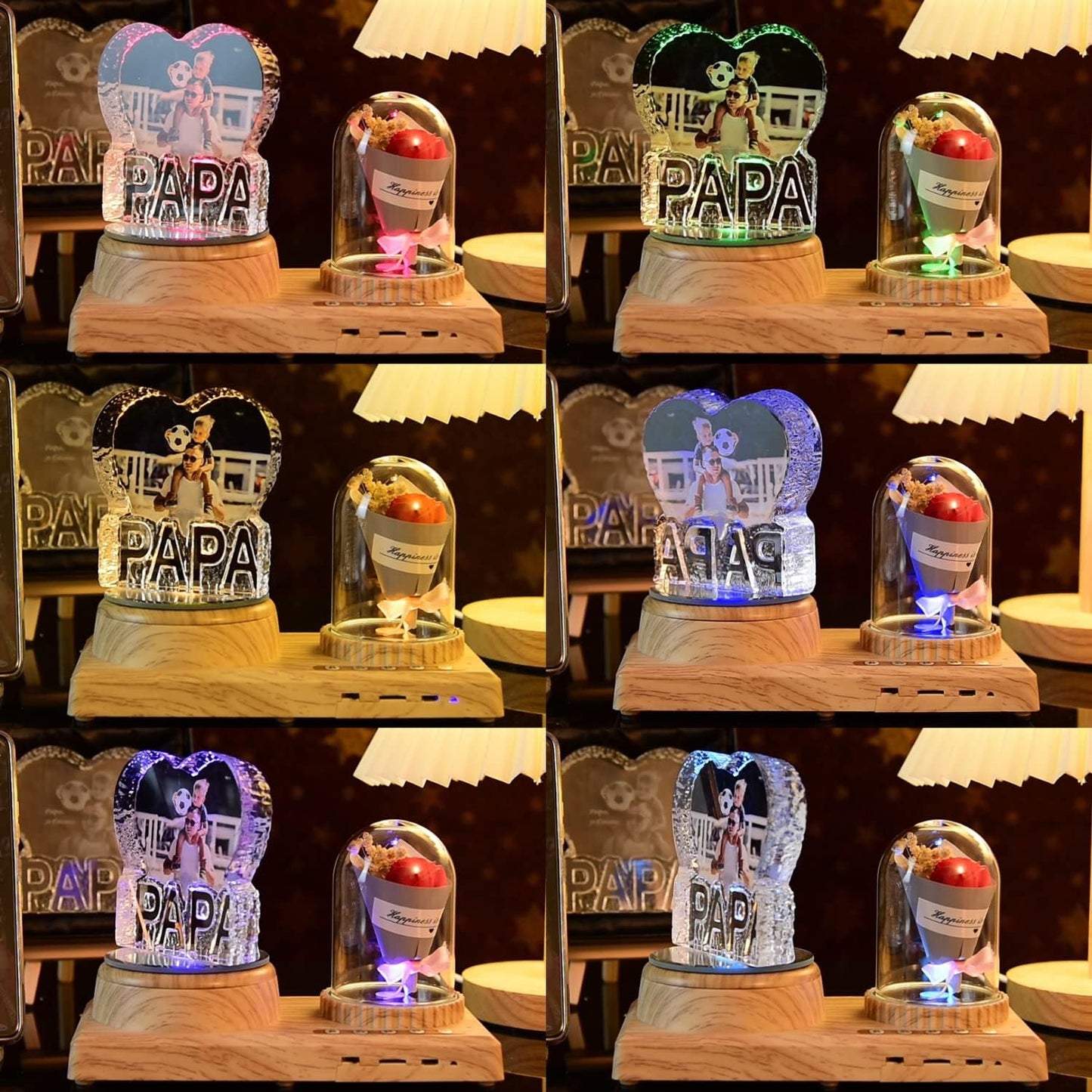 Personalized Heart Crystal Print with Your Photo, Office Desktop Decor Personalized Picture Gifts Glass Clear Frame with Bluetooth Rotary Speaker Color Led Light Changing Mood Light