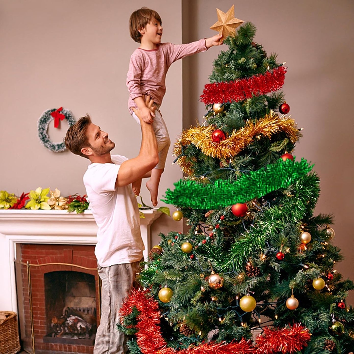 50 Feet Metallic Twist Tinsel Garland Backdrop for Parade Floats, Christmas Eve, New Year, Valentine's Day Party Decorations (Green, 2in x 50ft)