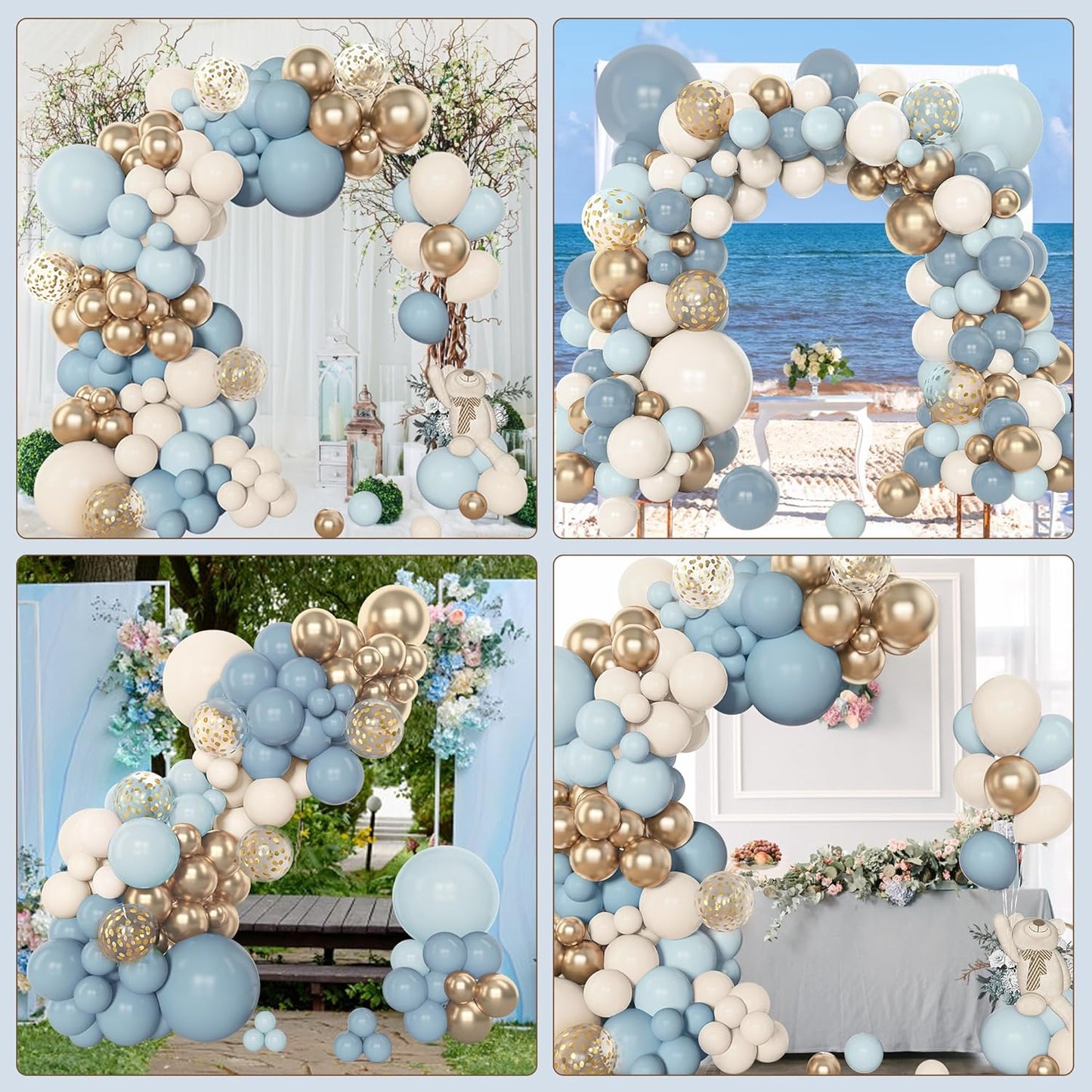 Amandir 153pcs Dusty Blue Balloon Garland Arch Kit, Different Sizes 18 12 10 5 inch Blue White Sand Latex Metallic Confetti Gold Balloons for Boys Birthday Boho Baby Shower Party Decoration Supplies