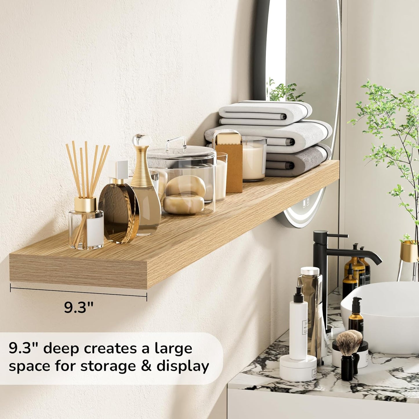 Fun Memories 55 Inch Floating Shelves - 9 Inch Deep Rustic Wooden Wall Shelves - Extra Deeper & Thicker Wall Mounted Storage Shelf for Living Room, Kitchen, Farmhouse - 55" W x 9" D x 1.8" H - Oak