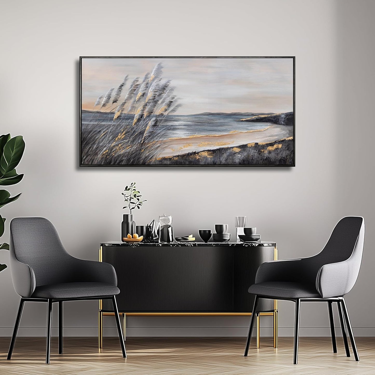 Yuaxker Ocean Wall Art Grey and Black Wall Decor Framed art Aesthetic Coastal Canvas Painting for Living Room Bedroom Dining Room Office Home Decor 24x48 Inch