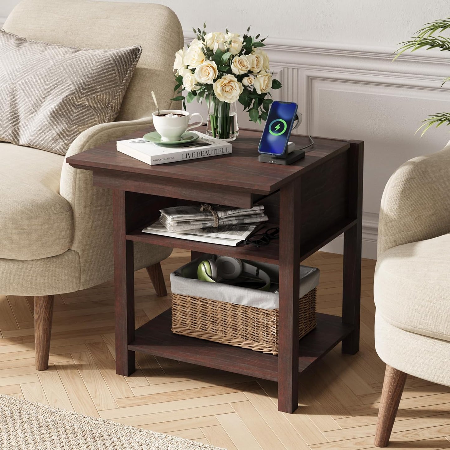 Rresyet Sliding Side Table Set of 2 with Charging Station & 2-Tier Storage,Farmhouse End Table, Wooden Nightstand for Bedroom & Living Room,Cherry