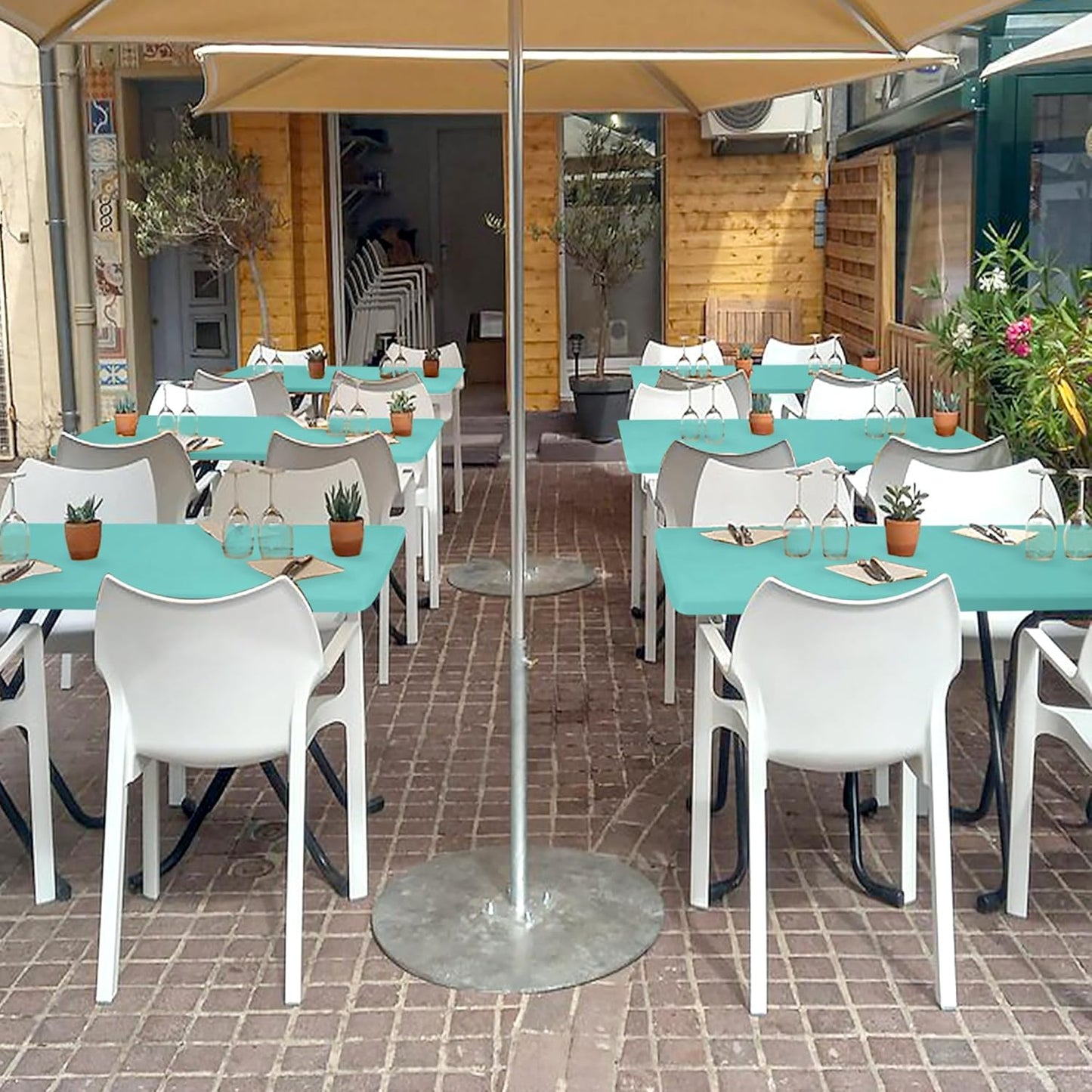 Fitted Tablecloth for 8 foot Rectangle Tables-4 Pack Aqua Blue Elastic Outdoor Picnic Table Cover-Spandex Stretch Folding Table Cloths 8ft for Camping Dining Room Patio Kitchen Banquet Party