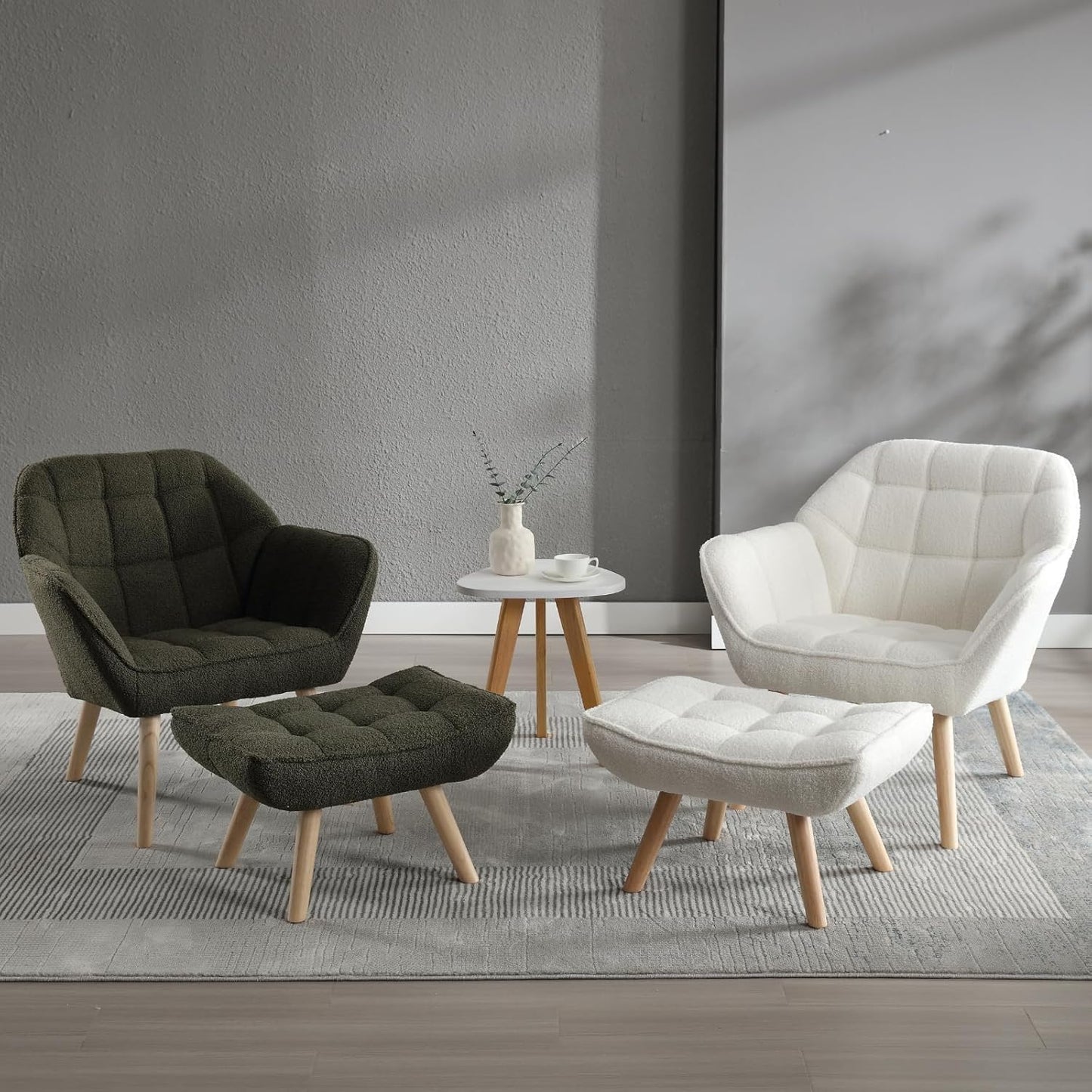 Modern Sherpa Accent Chair with Ottoman Set of 2, Fluffy Upholstered Lounge Chair with Footrest, Comfy Living Room Side Boucle Armchair for Small Space Bedroom, Green