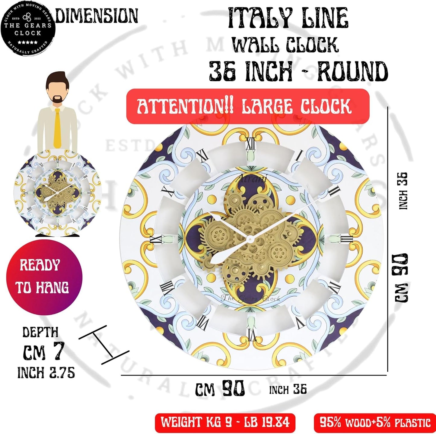 The Gears Clock Wall Clock Italy Collection with Moving Gears (Tramonti, 36 inch Round)