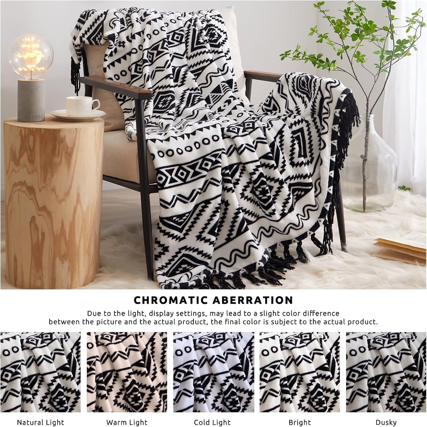 CASAAGUSTO Boho Throw Blanket - Black and White Decorative Blankets with Tassel, Printed Flannel Bohemian Blanket for Chair, Bed, Sofa, Couch(60 * 80, Black and White)